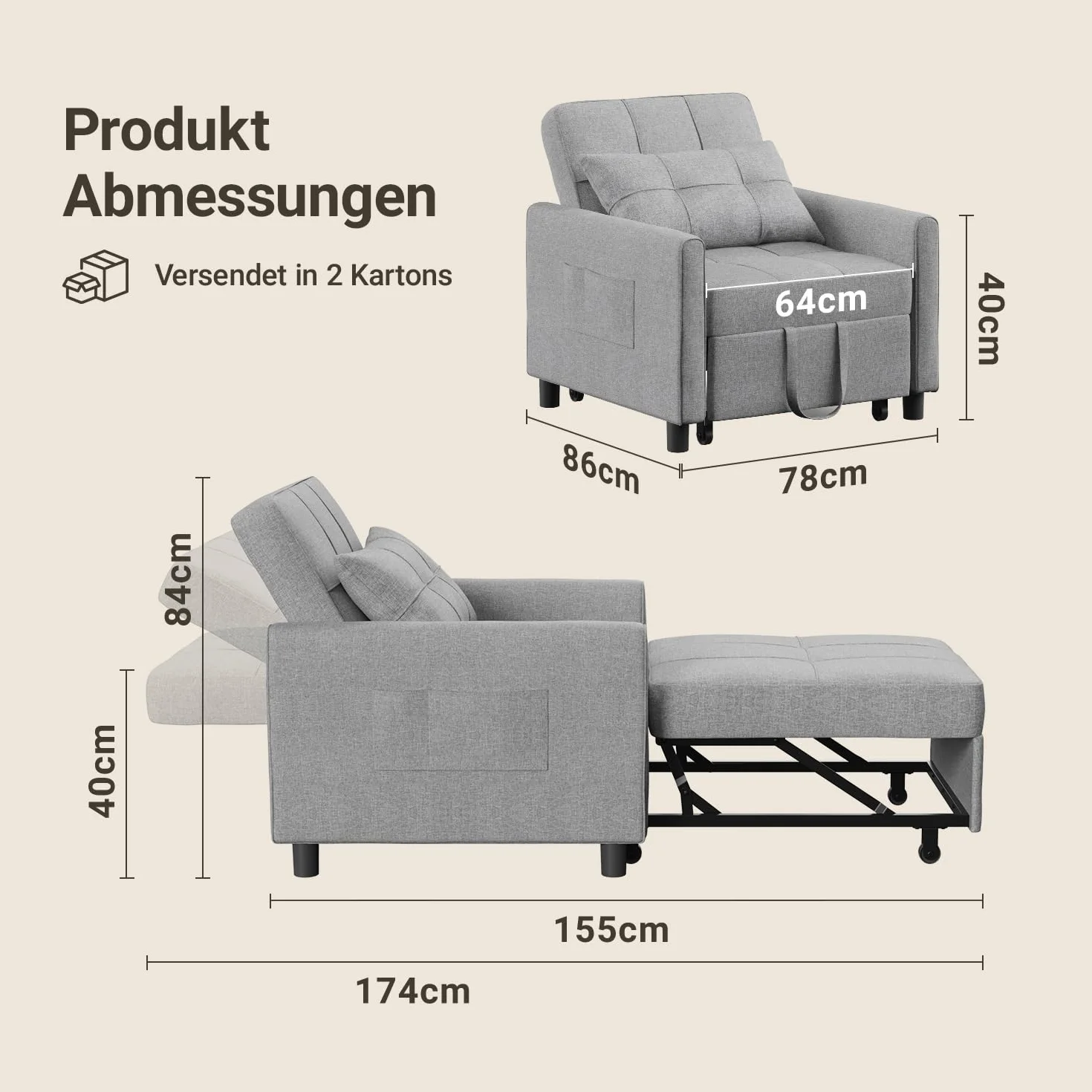 Fotel Do Spania 3 w 1 Rozkładana Sofa z Poduszkami i Kieszeniami Boczny, Jasnoszary
