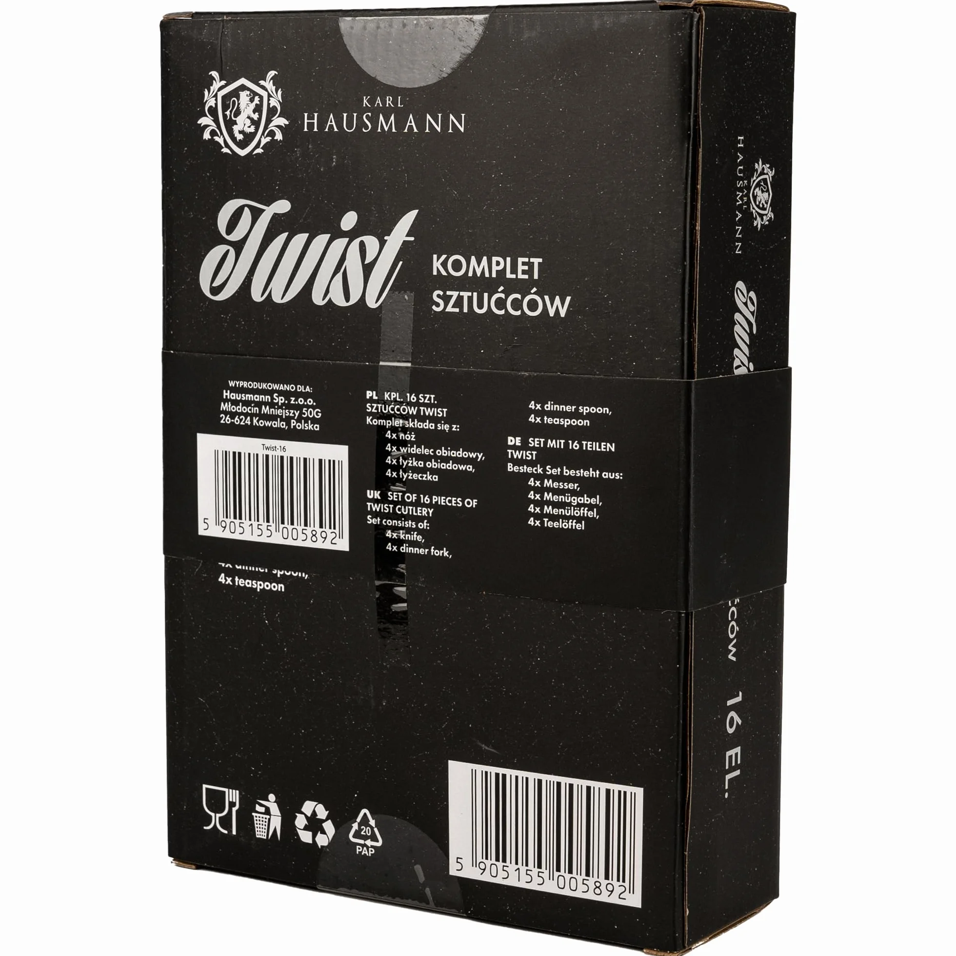 KARL HAUSMANN Zestaw Sztućców 16-Elementów w Pudełku – Stal Nierdzewna 18/0 – Kolor Srebrny – Elegancki Komplet dla 4 Osób – Do Mycia w Zmywarce