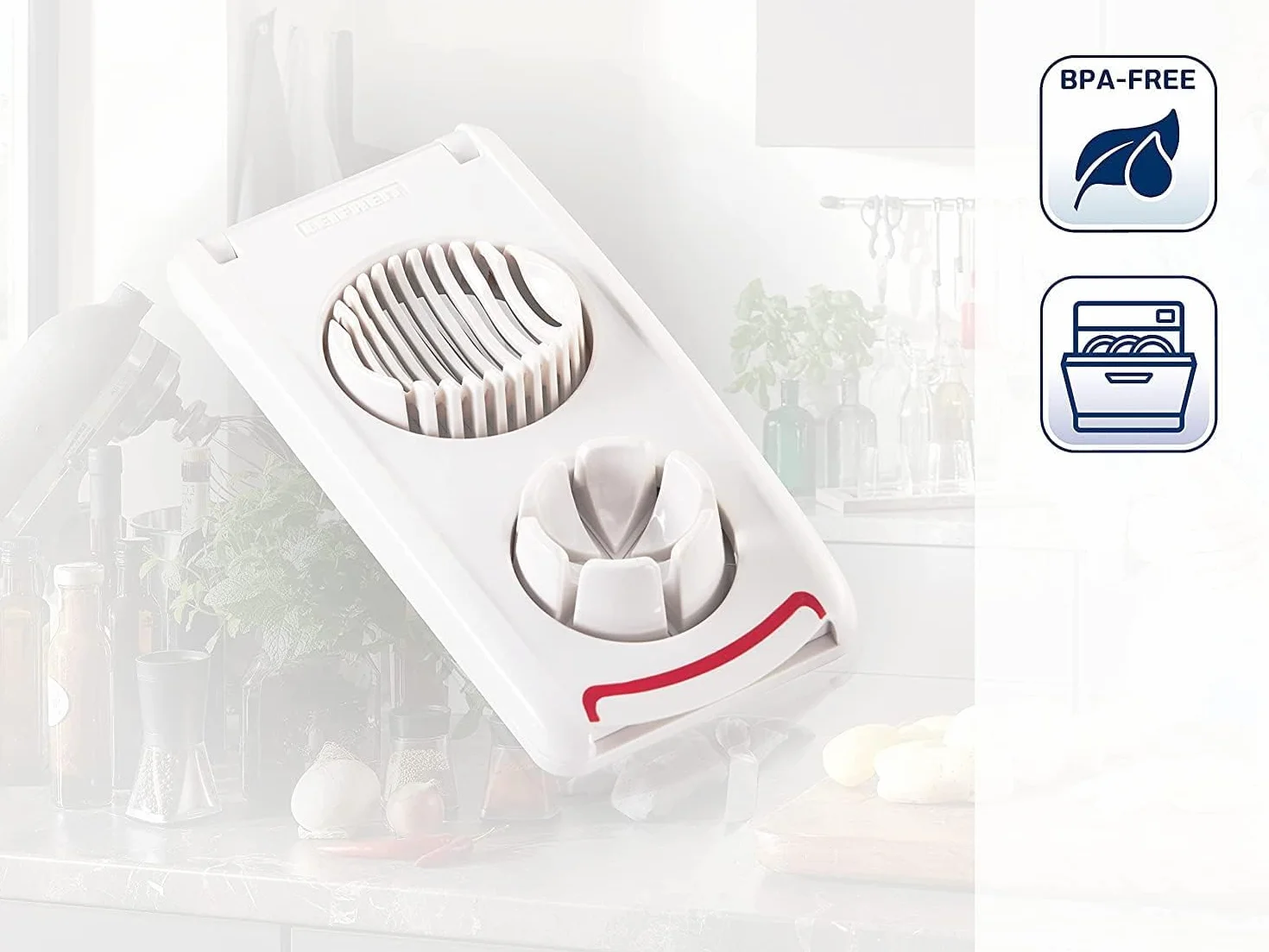 Leifheit Krajalnica do jajek Combi ComfortLine z 3 funkcjami, krajalnica do pieczarek tnie czysto i dokładnie, pomocnik kuchenny do krojenia jajek, ziemniaków, nierdzewny drut do cięcia, biały