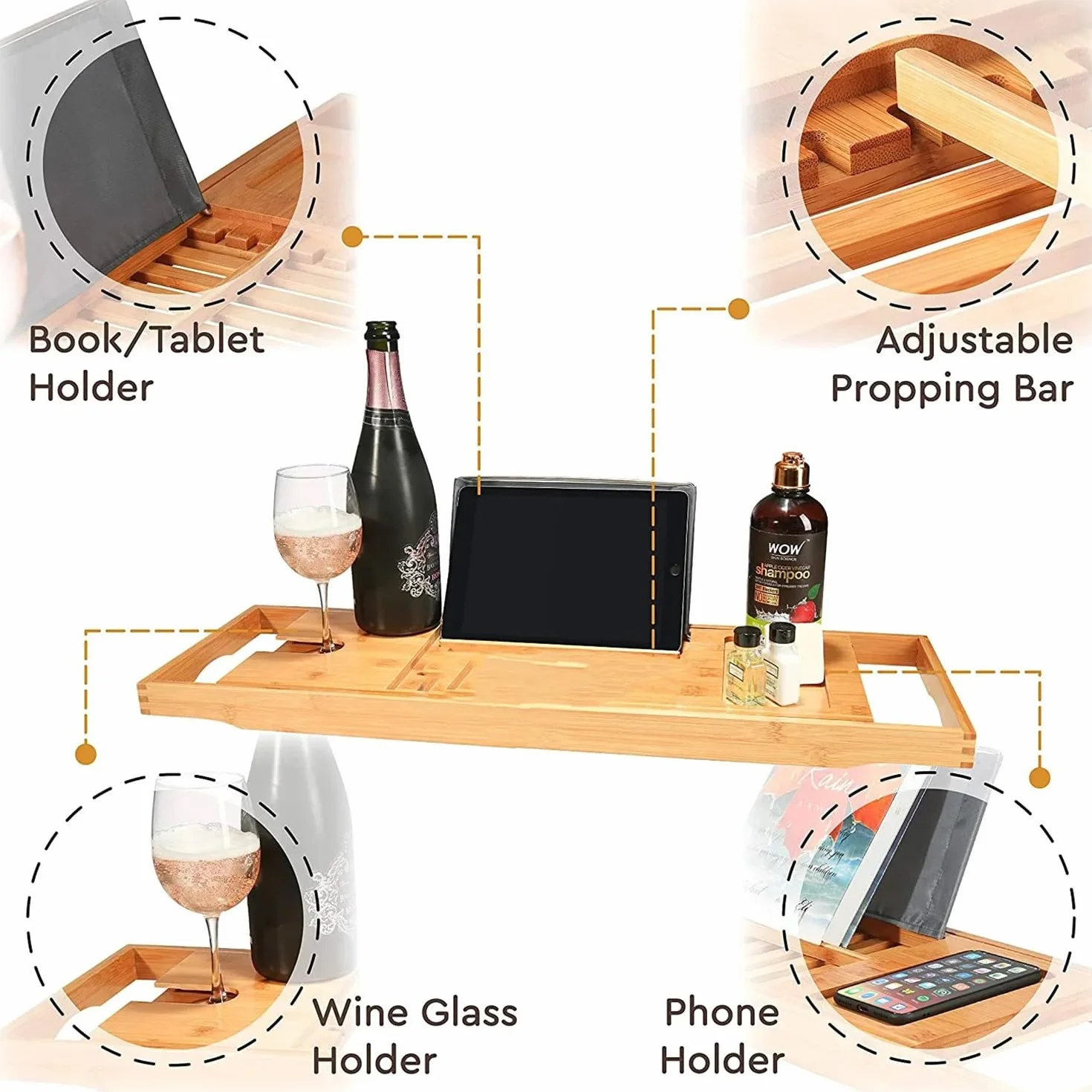 Taca do wanny, wysuwana taca bambusowa do wanny, 102 x 22 cm, ze świecą, kieliszkiem do wina, książką, iPadem i uchwytem na telefon, regulowany stół do wanny - akcesoria łazienkowe