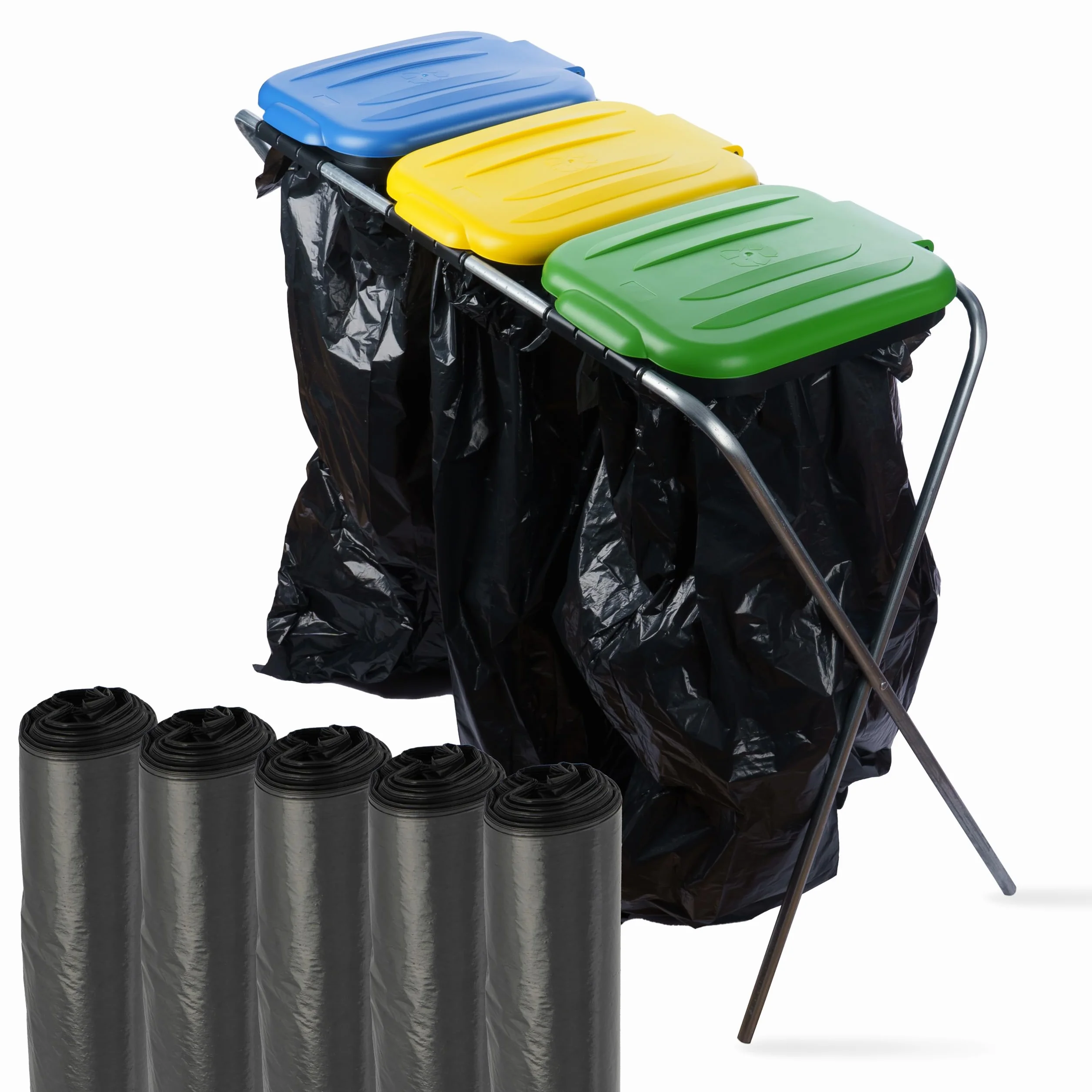 Stojak na Worki Do Segregacji Śmieci 96,5x36x78 cm Stelaż Kosz 3 Stanowiska Na Śmieci + Worki na Odpady 120L 5 Rolek, Kolorowy Uchwyt Na Worki z Odpadami z Pokrywą