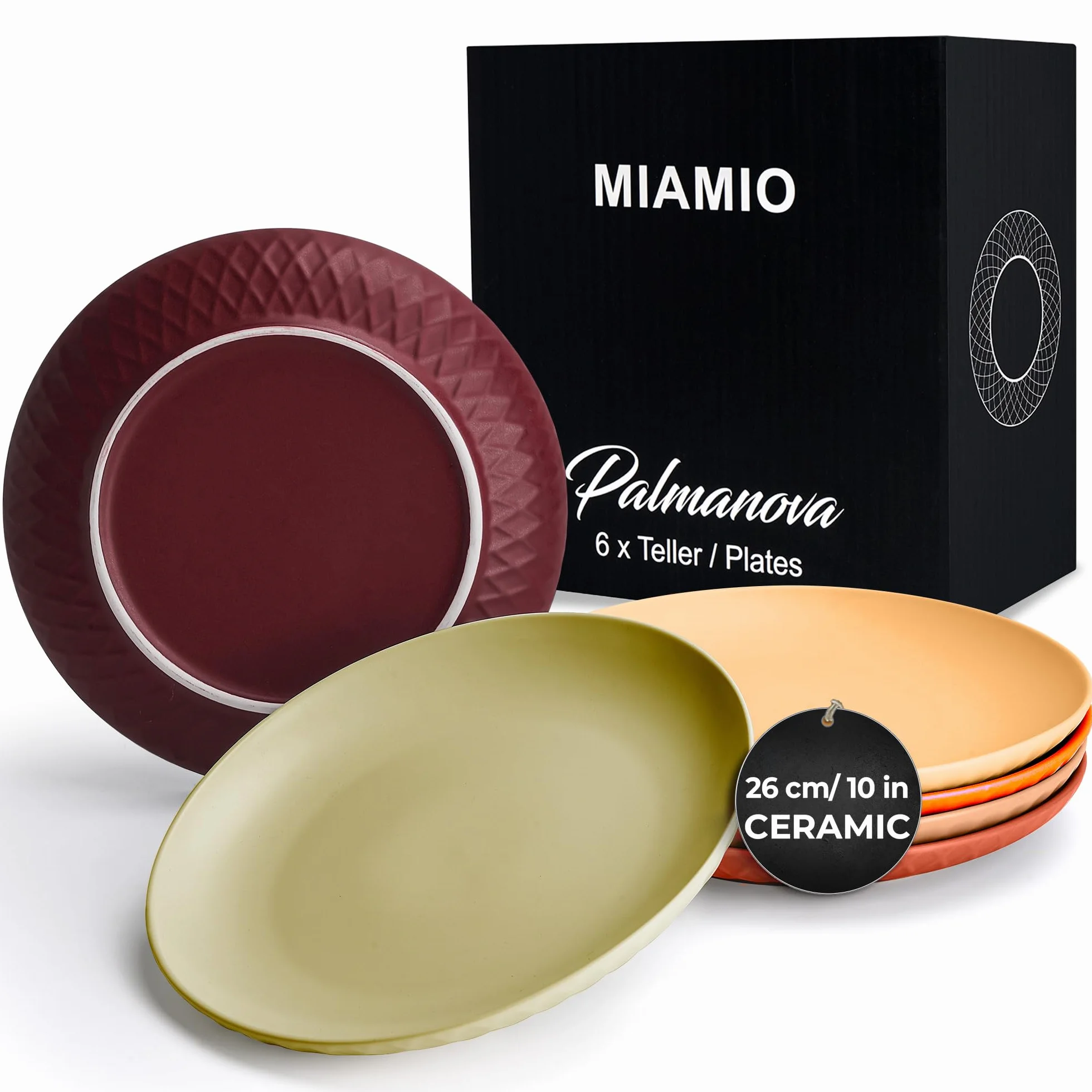 MIAMIO - Zestaw 6 talerzy/Nowoczesny zestaw talerzy wykonanych z ceramiki/kamionki - Kolekcja Palmanova (Czerwony, 26 cm)