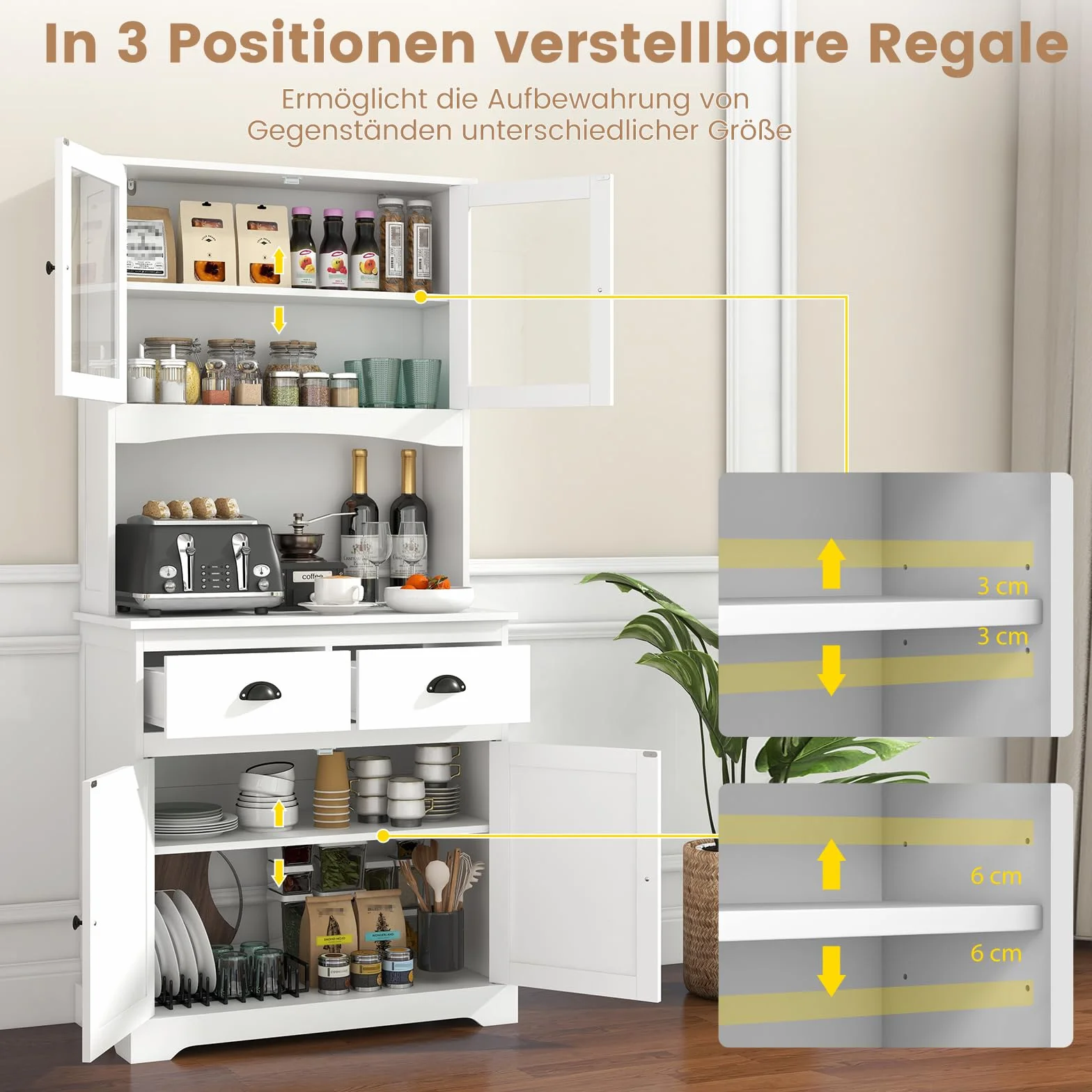 COSTWAY Szafka kuchenna wysoka 4 drzwi 2 szuflady blat roboczy regulowane półki 80x40x170 cm biała