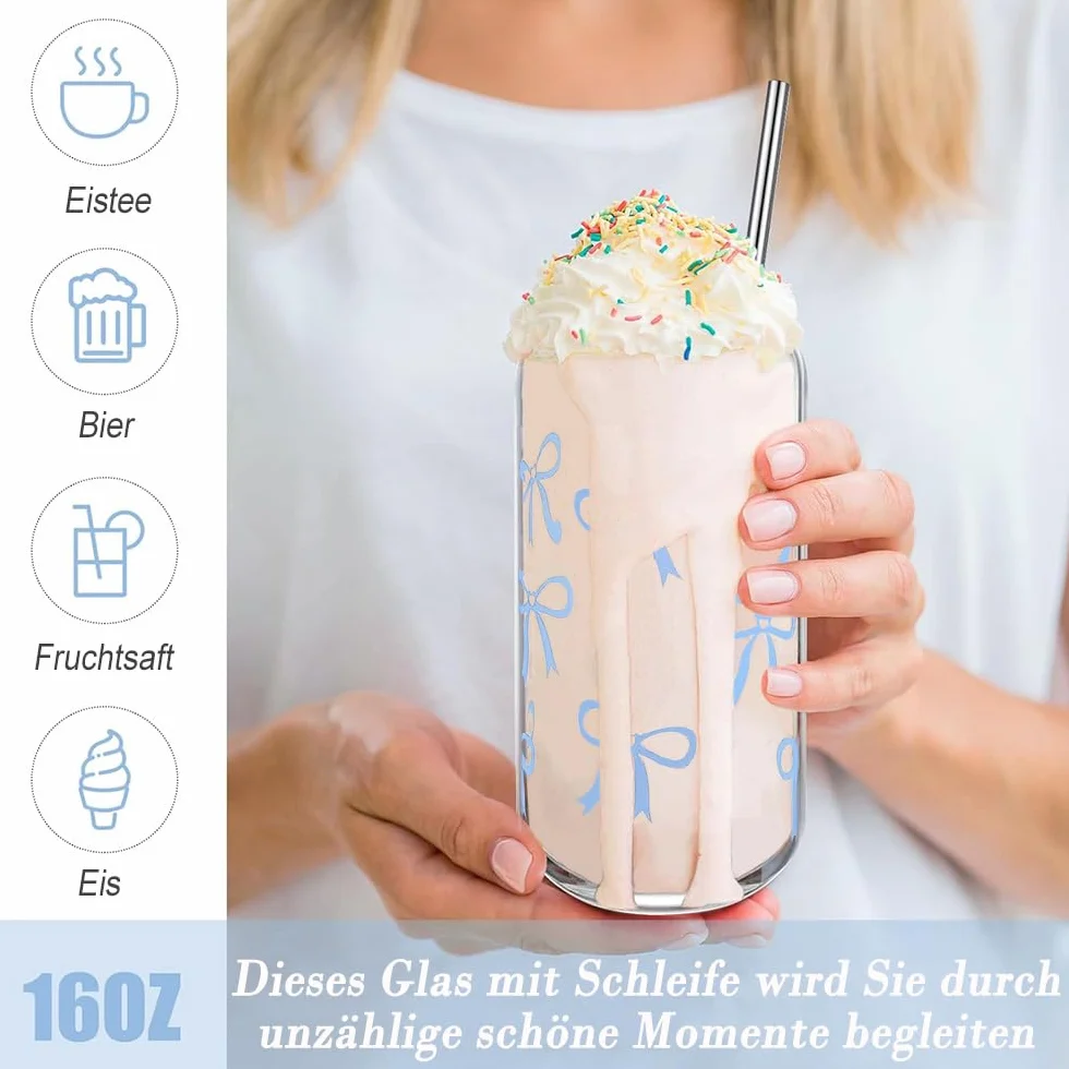 ze słomką i pokrywką, kubek do bubble tea ze szklaną słomką, 16 oz mrożona kawa, szklanka matcha z motywem kokardki, szklanki do coli na mrożoną kawę, koktajl (niebieska kokardka)
