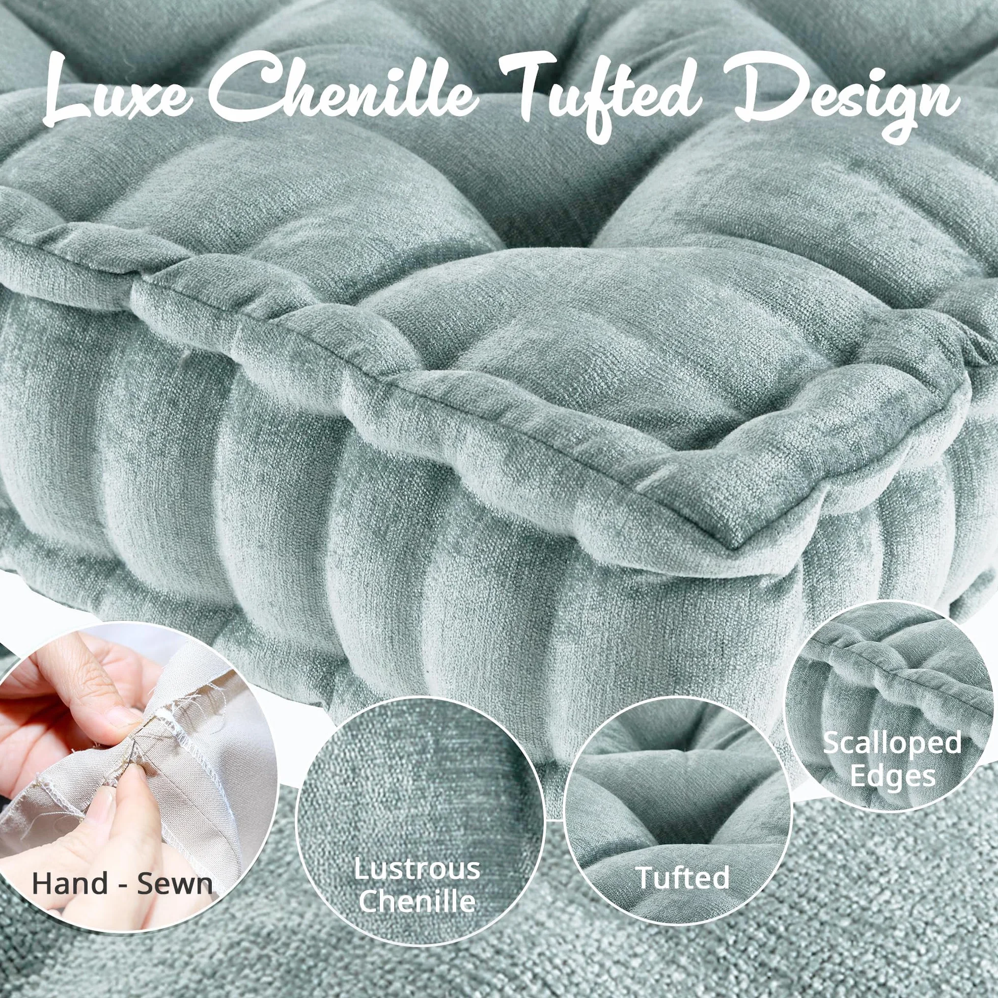 Intelligent Design Azza Floor Pillow, Large Cushions Sitting for Adults, Floor Pillow for Meditation or Yoga, Lustrous Chenille Tufted with Scalloped Edges for Bench/Chair Cushion, 20"x20"x5" Aqua