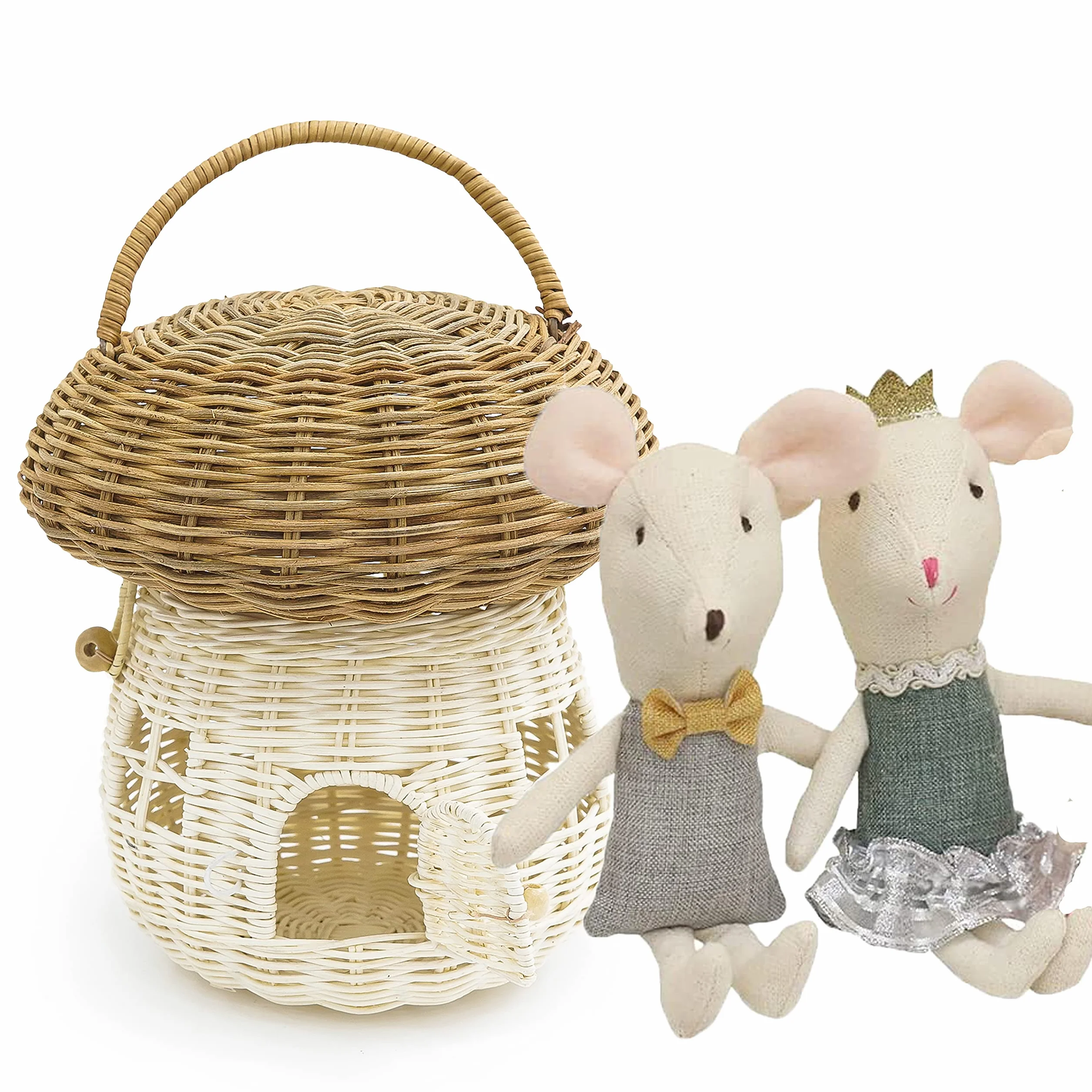 KOLWOVEN Rattanowy kosz do przechowywania grzybów z pokrywką, mysz w pudełku, mały domek dla lalek, dekoracyjny, ręcznie tkany organizer na półkę, uroczy, ręcznie robiony, ręcznie robiony, prezent,