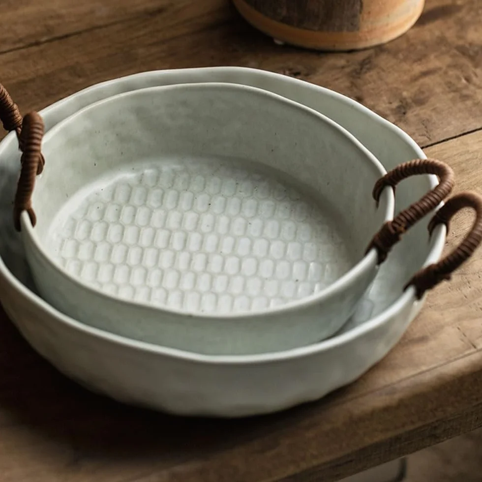 Kosz owoców Ceramiczna miska na owoce z uchwytami rattanu, o strukturze plastra miodu, dekoracyjna do serwowania w kuchni i jadalni Stojak na warzywa w koszyku owoców(Biały,Duży)