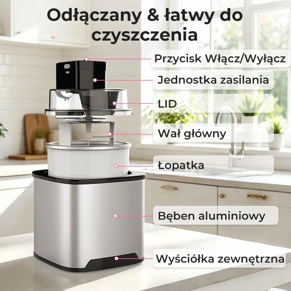 Maszyna do Lodów Miękkich 2L, Stal Nierdzewna z Pokrywką, Zawiera Książkę Kucharską i łyżkę do Lodów, do Przygotowywania Lodów, Mrożonego Jogurtu i Sorbetu
