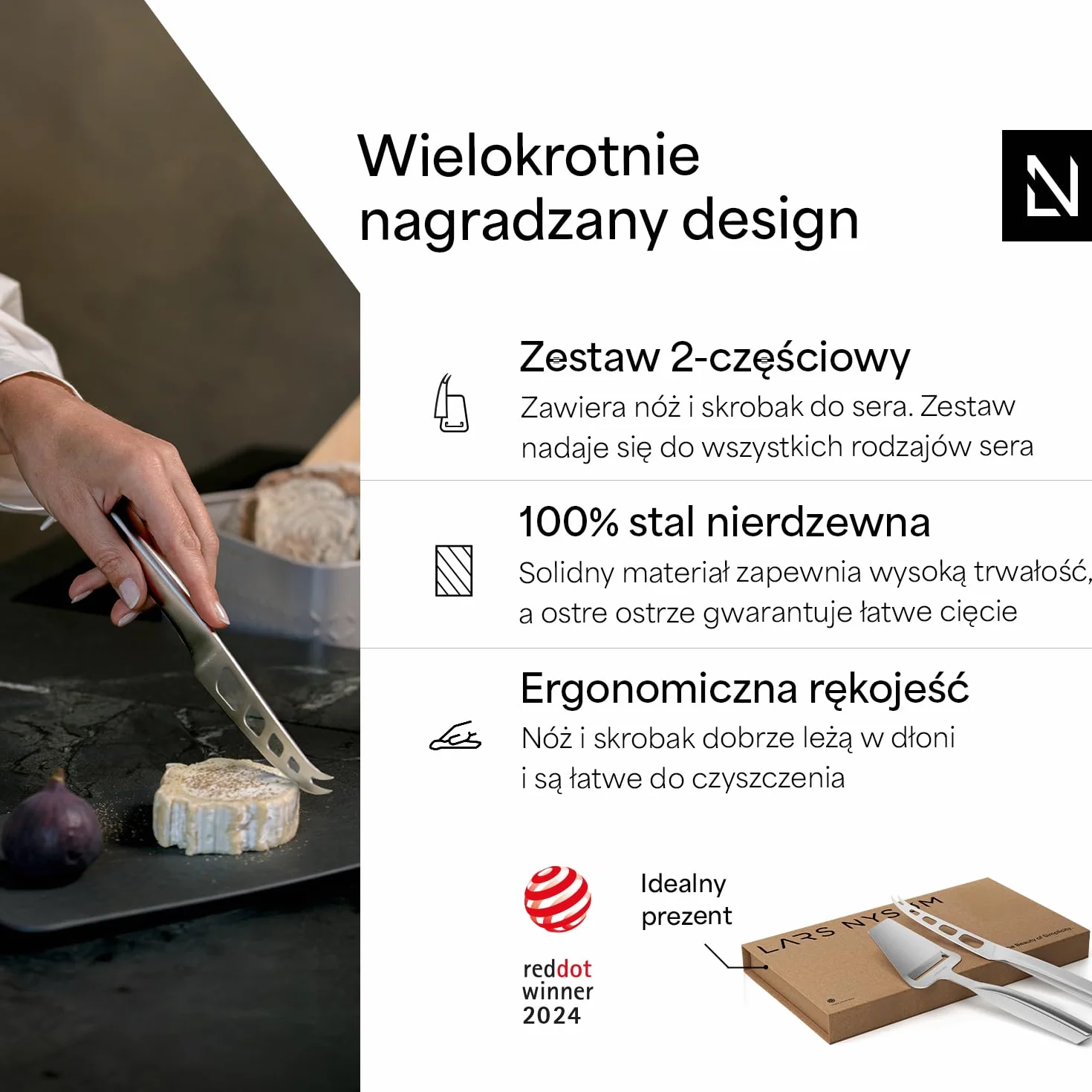 LARS NYSØM Zestaw krajalnicy i noży do sera 2 szt. I Zestaw noży do sera i krajalnica ze stali nierdzewnej (Stainless Steel)
