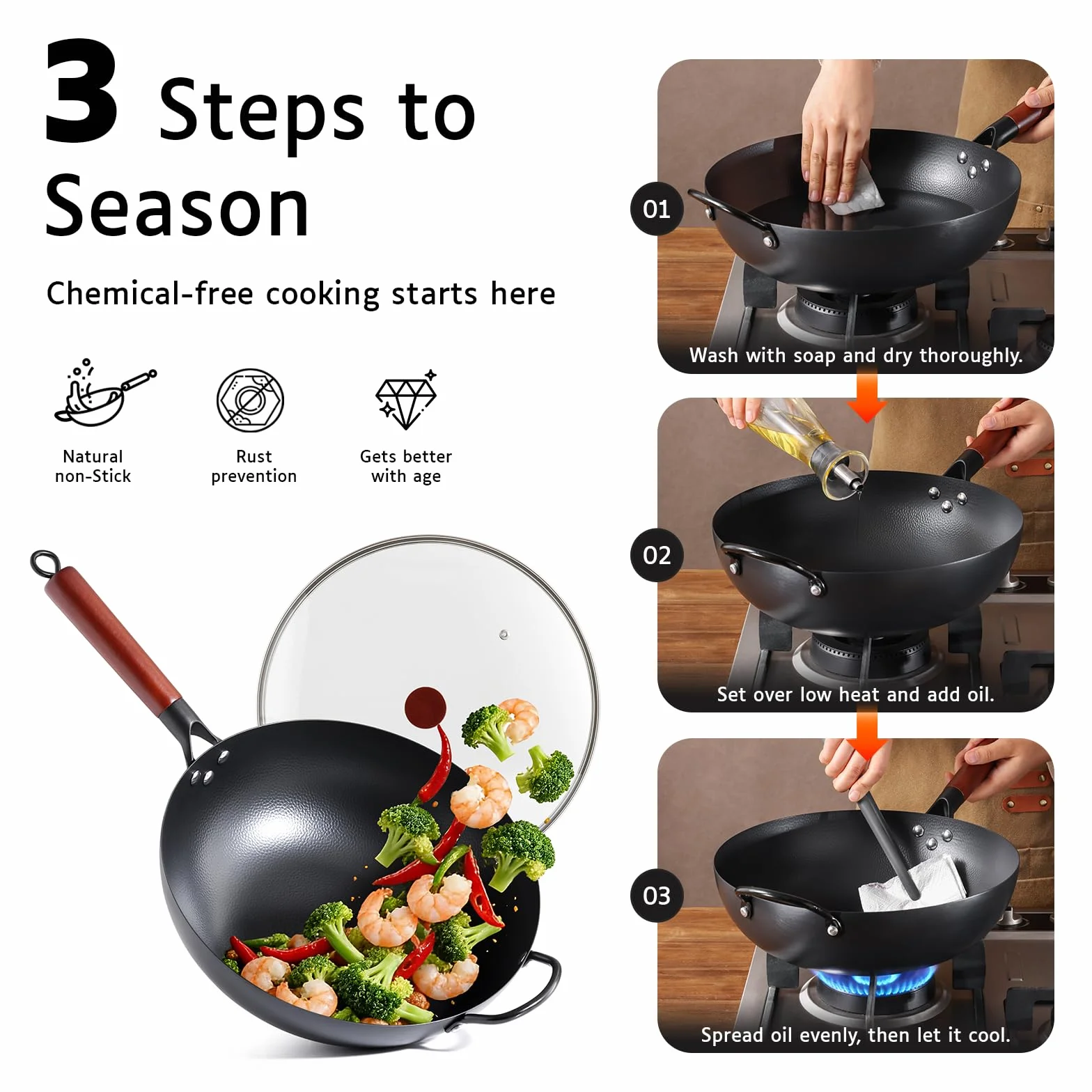 Kordisen Wok ze stali węglowej 32 cm z pokrywką, ergonomiczny drewniany uchwyt, płaskie dno do indukcji i gazu, naturalna nieprzywierająca, duża pojemność dla 3-6 osób, idealny do kuchni azjatyckiej
