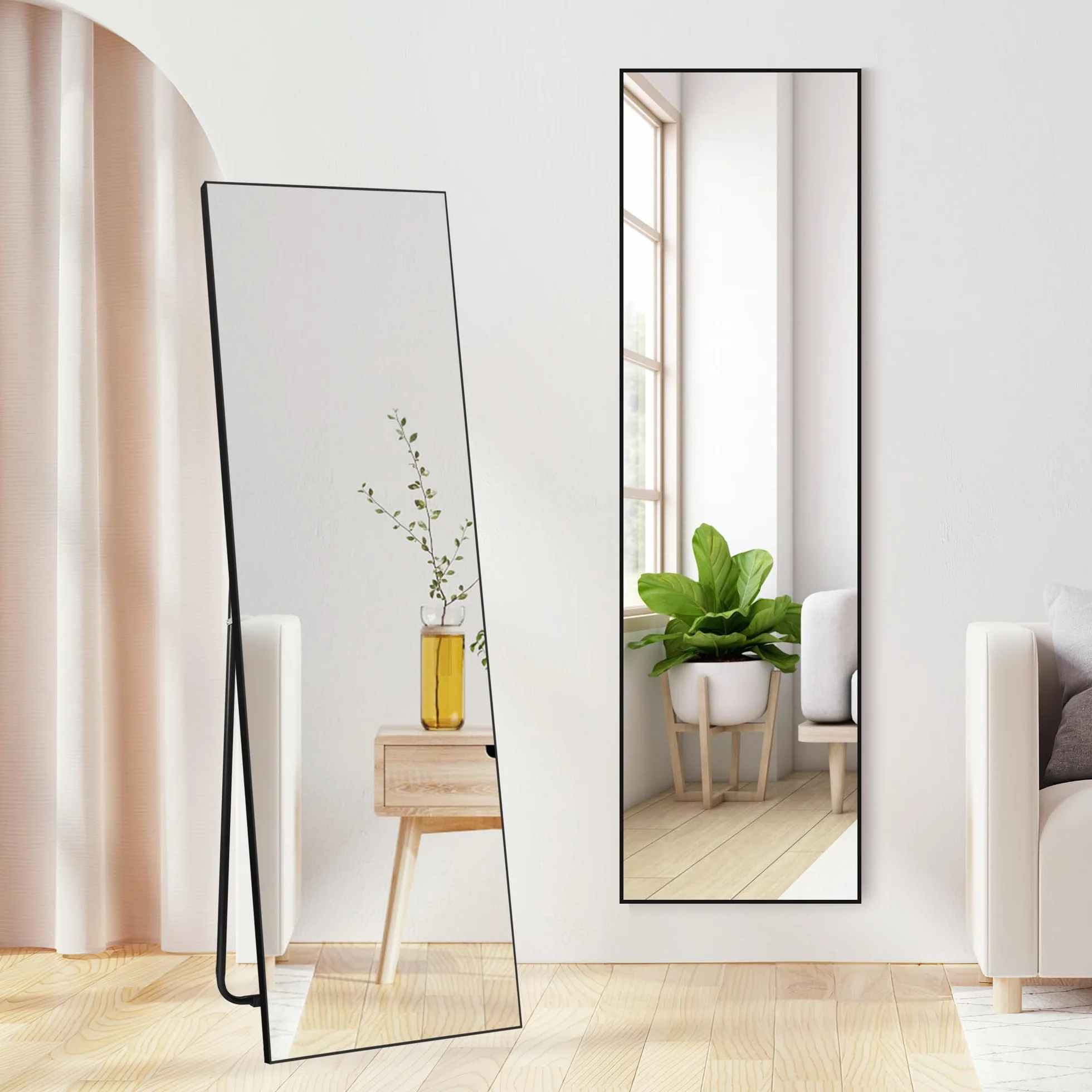 Lustro stojące z czarną ramą PCW i szkłem hartowanym, idealne do sypialni, salonu, przedpokoju lub łazienki, 150 x 41 cm