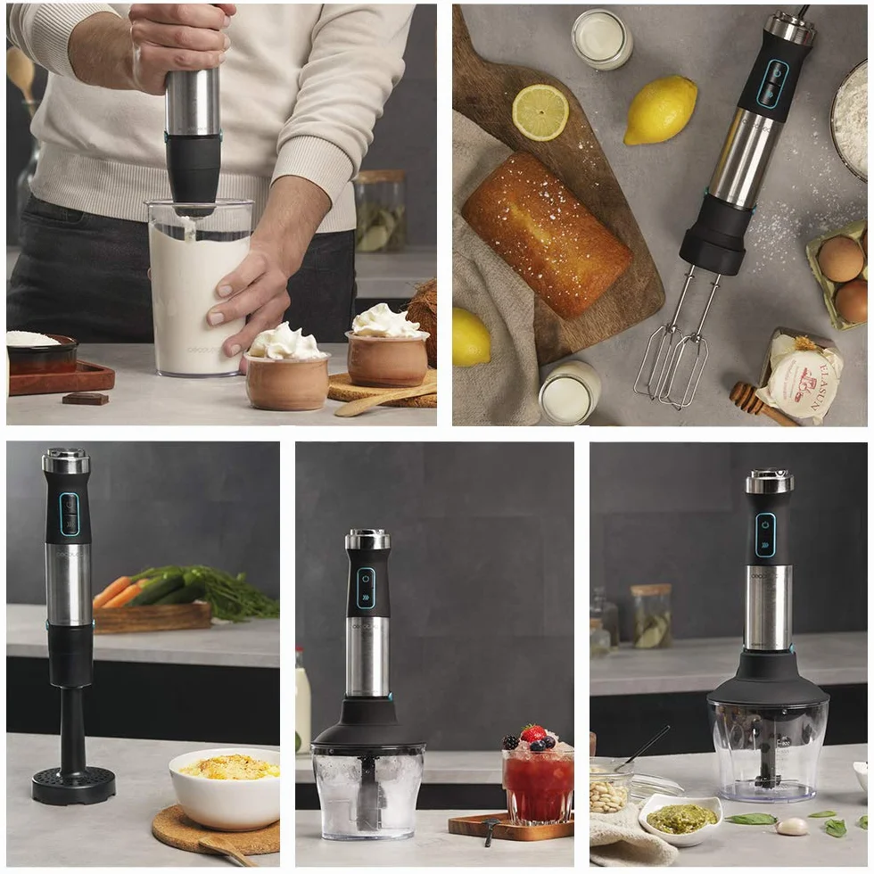 Cecotec Blender ręczny Power Pulsar 2300 MAX. Maksymalna moc 2300 W, 4 ostrza z czarną powłoką tytanową, stopą XL, szklanką 700 ml z pokrywką, prętami i rozdrabniaczem z wylewką lodu