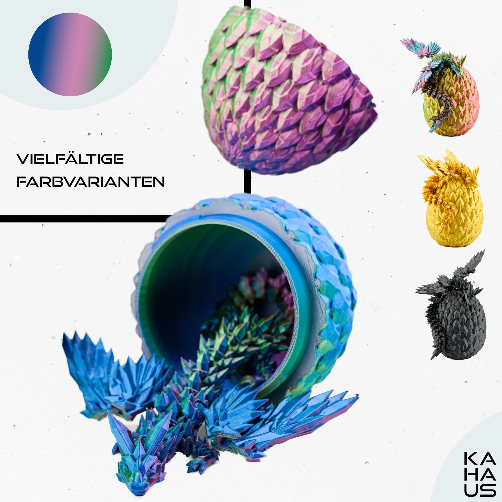 3D Smok ze skrzydłami w jaju – 20 cm dekoracyjna figurka kolekcjonerska z jajem 10 cm, smok w kolorach niebiesko-zielono-fioletowych, element ruchomy, fantasy deko (14+)