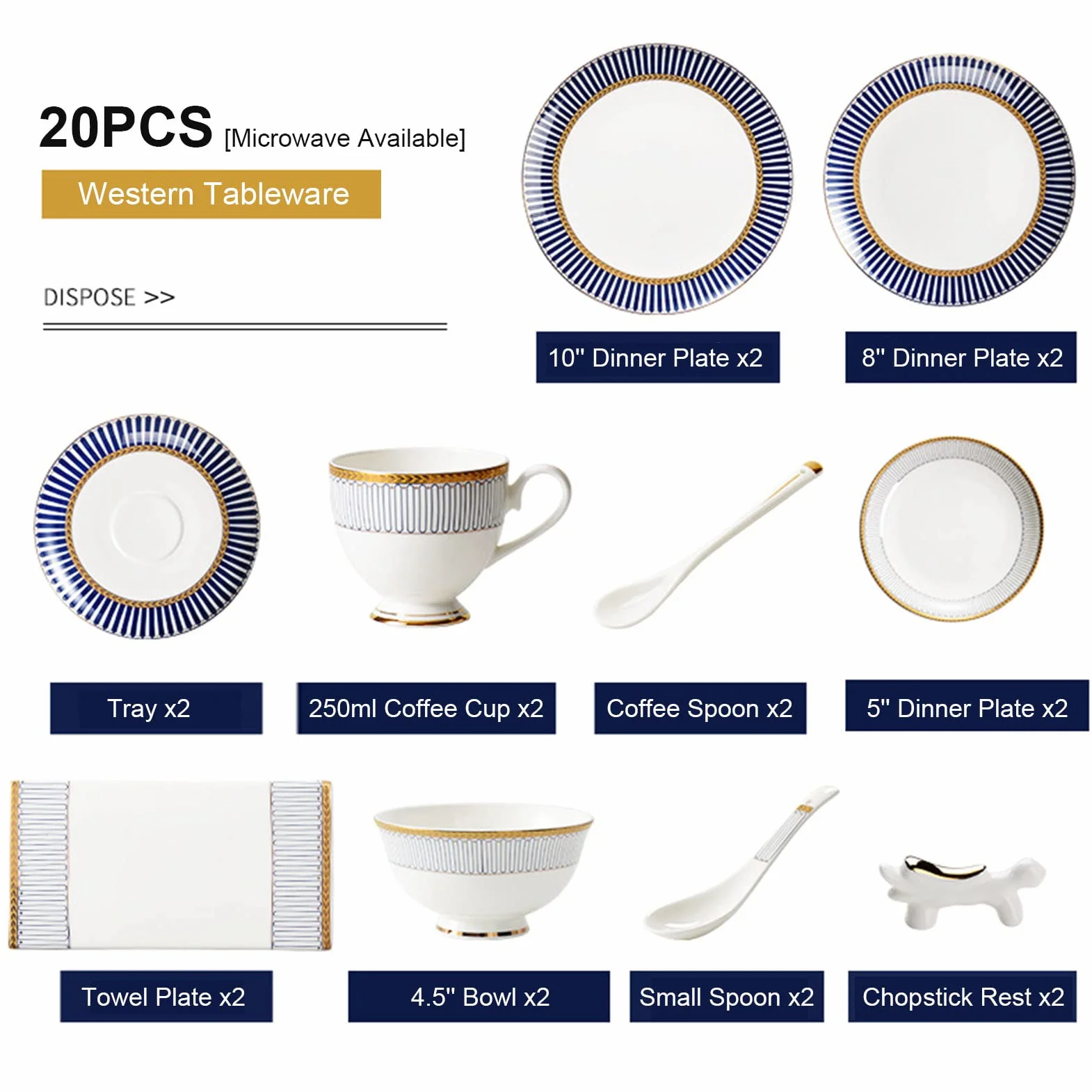 20-częściowy zestaw obiadowy z porcelany kostnej, zestaw porcelanowy, lekki zestaw talerzy i misek na 2 komplety obiadowe, zestaw zastawy stołowej