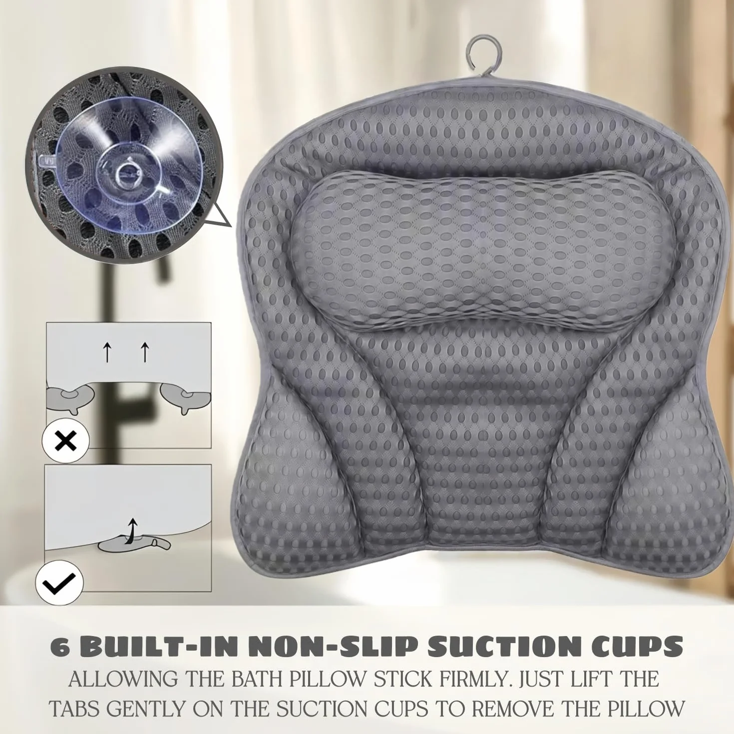 Poduszka do wanny pod kark, poduszka do wanny, poduszka z siateczki 4D, z 6 przyssawkami, poduszka łazienkowa z ergonomicznym dopasowaniem, podpierająca głowę, kark, ramiona, plecy, do domu, spa
