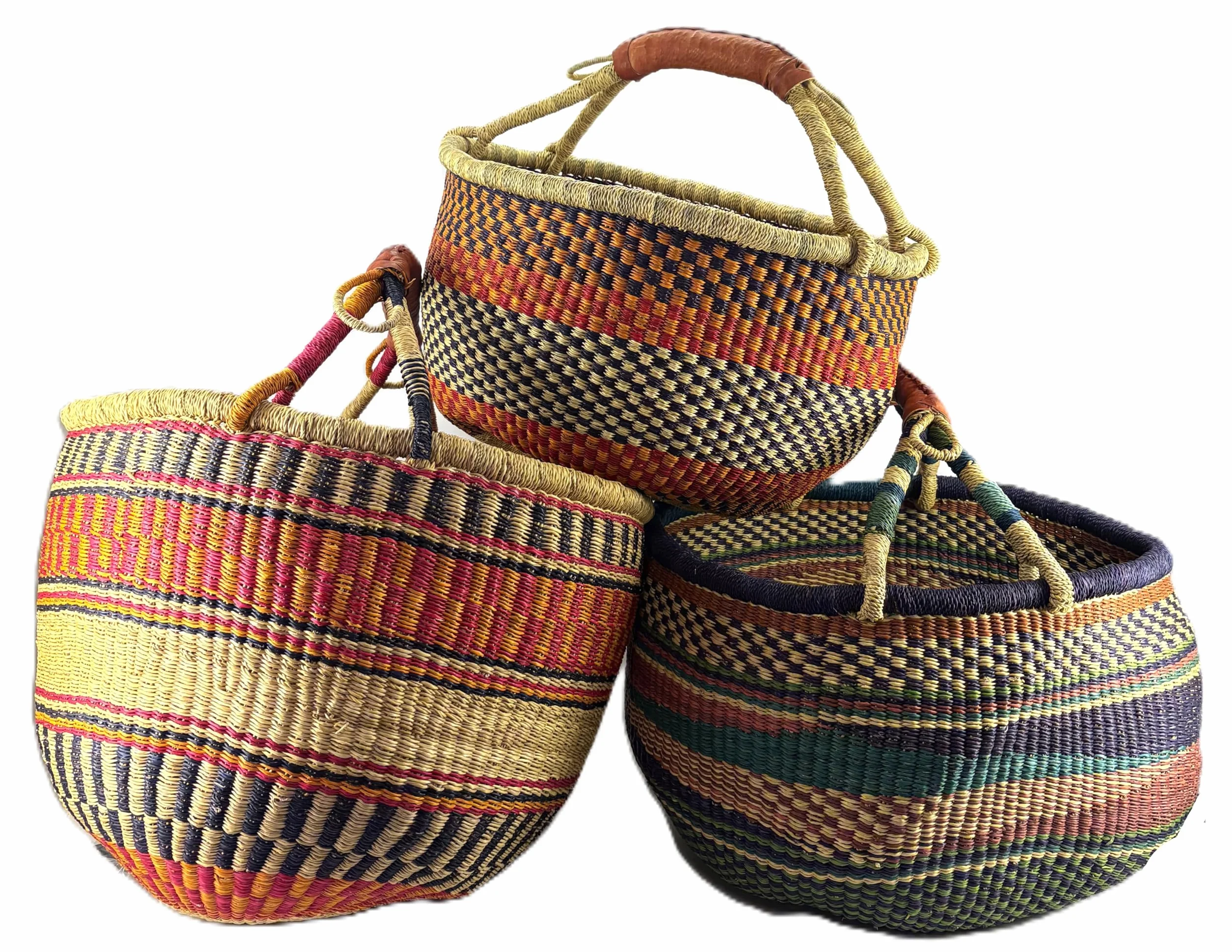 Duży okrągły kosz Bolga oryginalny afryka Ghana koszyk na zakupy skórzany uchwyt Fair Trade Ca: 35-40 cm