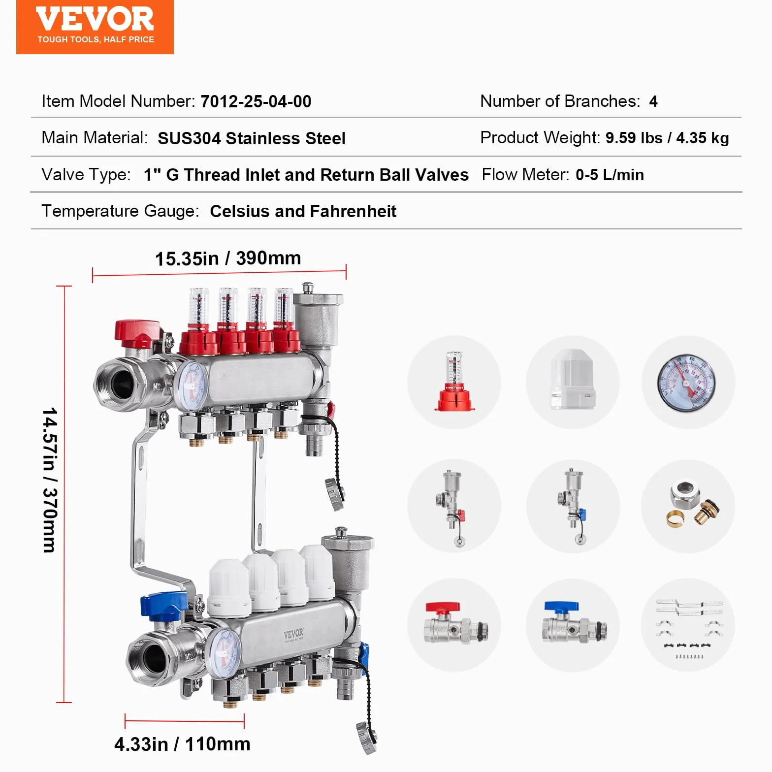 VEVOR 4-gałęziowy kolektor grzewczy promiennikowy kolektor rurowy PEX 12,7 mm ze stali nierdzewnej PEX, z adapterami 12,7 mm, do hydronicznej podłogi, kolektora PEX