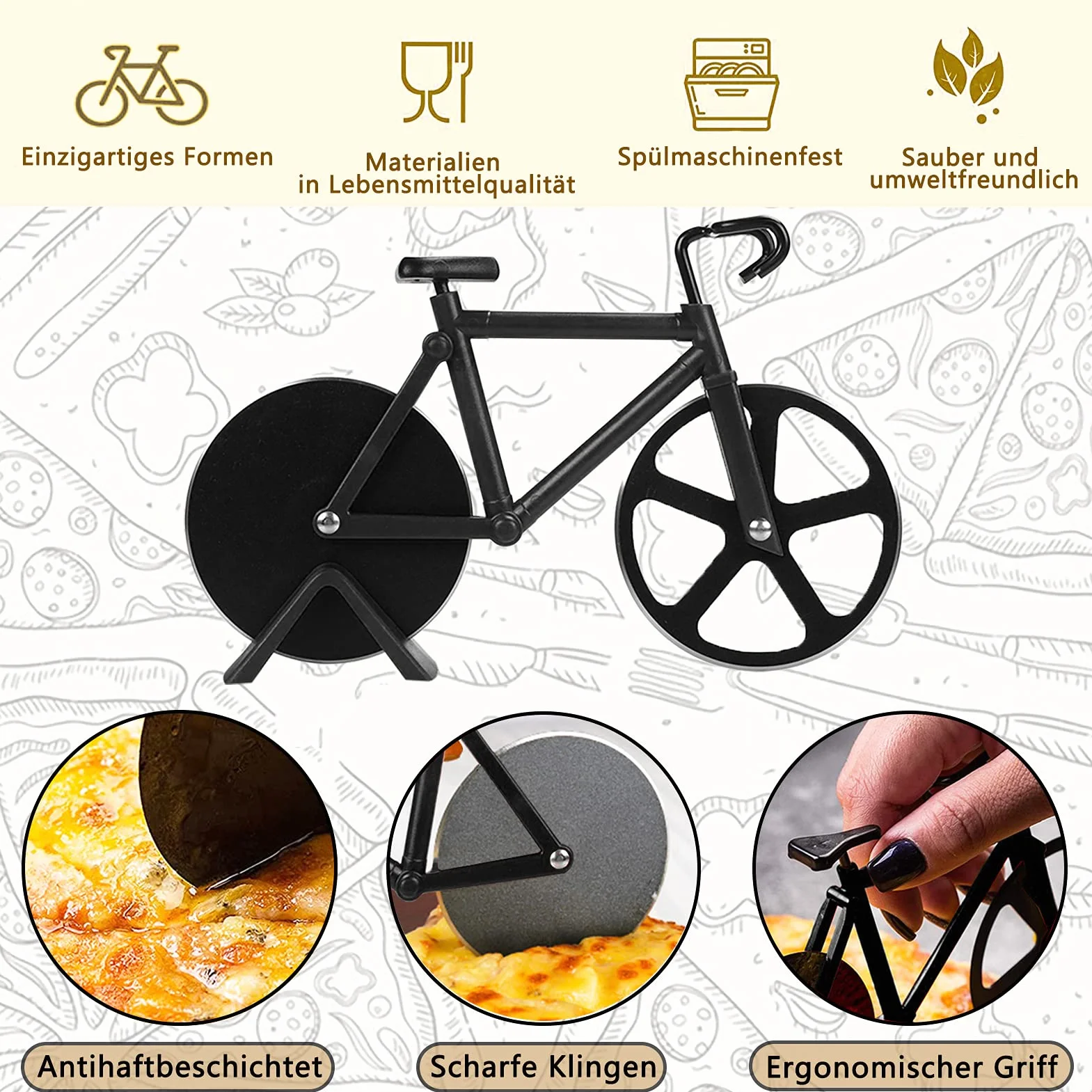 Rowerowa krajalnica do pizzy, krajalnica do pizzy ze stali nierdzewnej, podwójny nóż do pizzy, super ostre ostrza z powłoką nieprzywierającą i podpórką, gadżety kuchenne, artykuły imprezowe, czarna