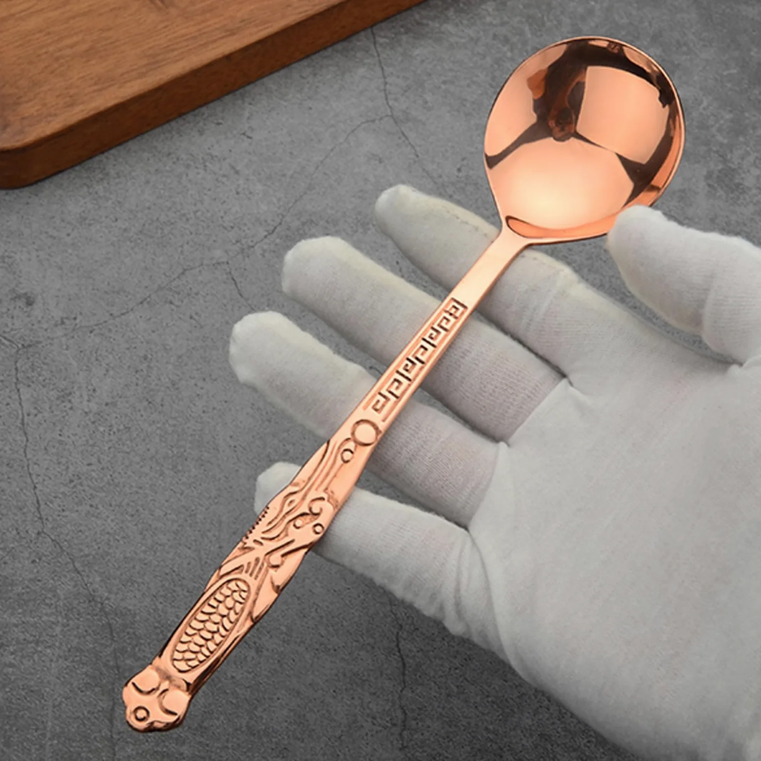 Łyżka w 100% z czystej miedzi, 19 cm kucie jako stara miedziana łyżka w stylu retro, odpowiednia do rodzinnych posiłków, restauracji, deserów, ciast, lodów (1)