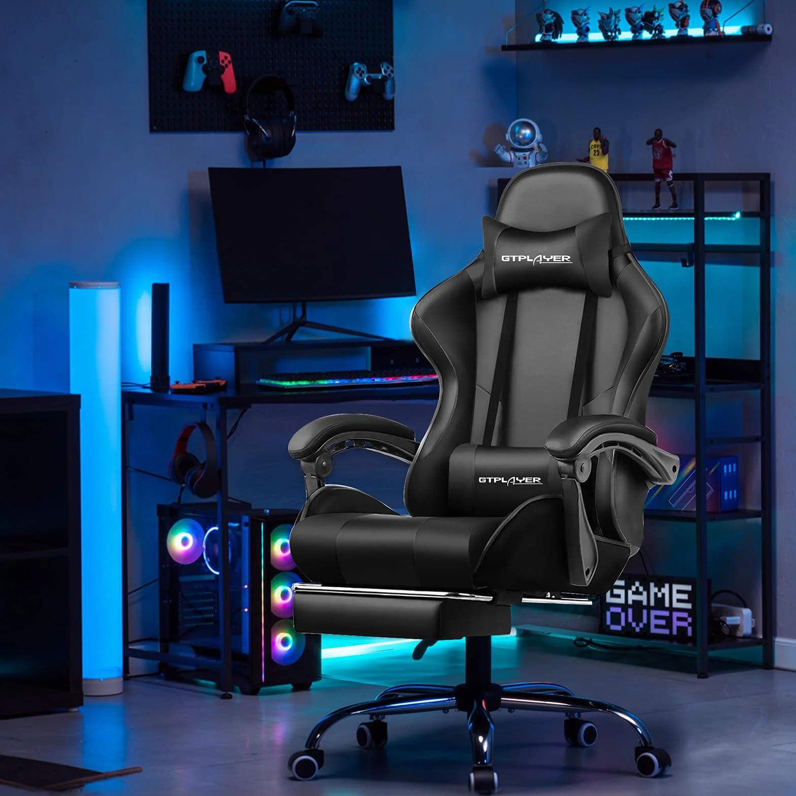 GTPLAYER Krzesło gamingowe ergonomiczne z podparciem masażu, podnóżkiem i zagłówkiem, czarna sztuczna skóra