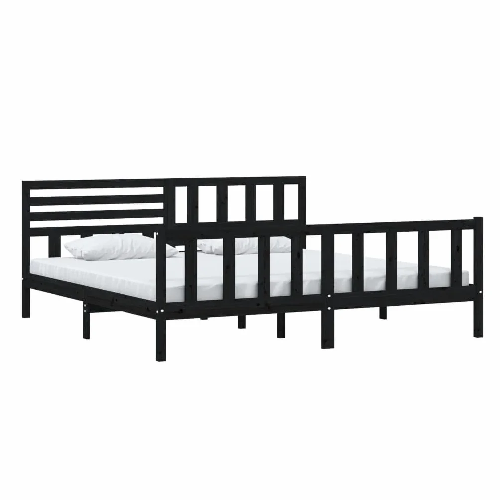 lite drewno sosnowe ponadczasowy design 200x200 cm czarny | Rama łóżka sosnowa czarna 200x200 cm lite drewno z zagłówkiem do sypialni