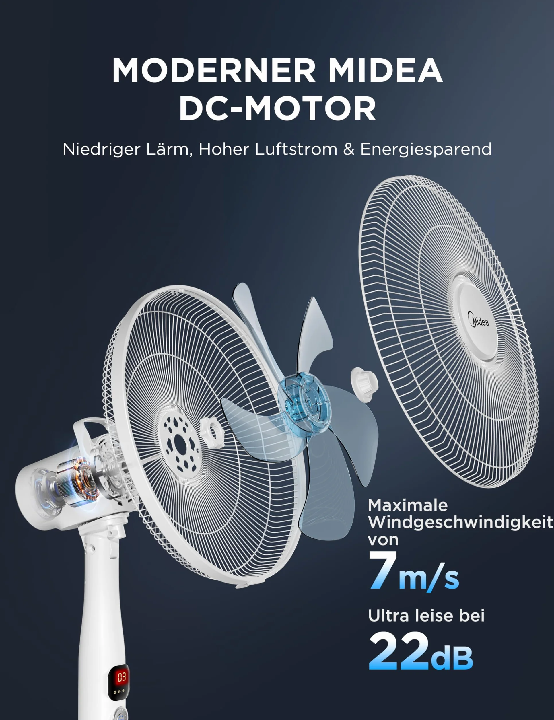 Midea FS40-16CR DC wentylator stojący, cichy, z pilotem zdalnego sterowania, 12 prędkości, timer 12 h, 4 tryby, wskaźnik LED, energooszczędny, 27 dB, regulacja wysokości, cyrkulacja powietrza, biały