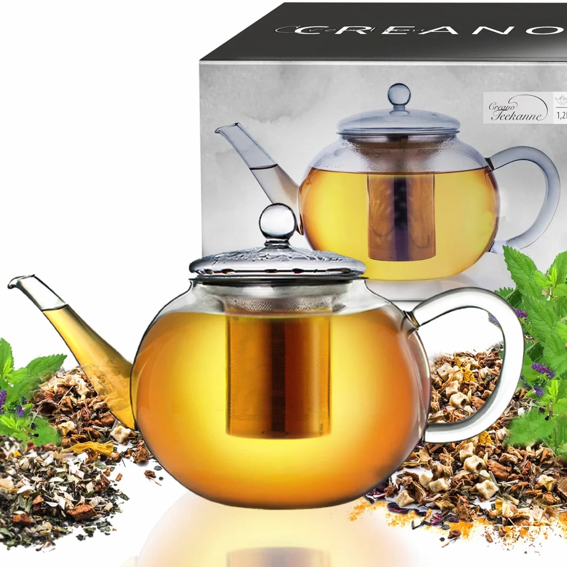 Creano Szklany dzbanek do herbaty o pojemności 1,2 l, 3-częściowy zaparzacz do herbaty z wbudowanym sitkiem ze stali nierdzewnej i szklaną pokrywką, idealny do przygotowywania luźnych herbat, bez kapania