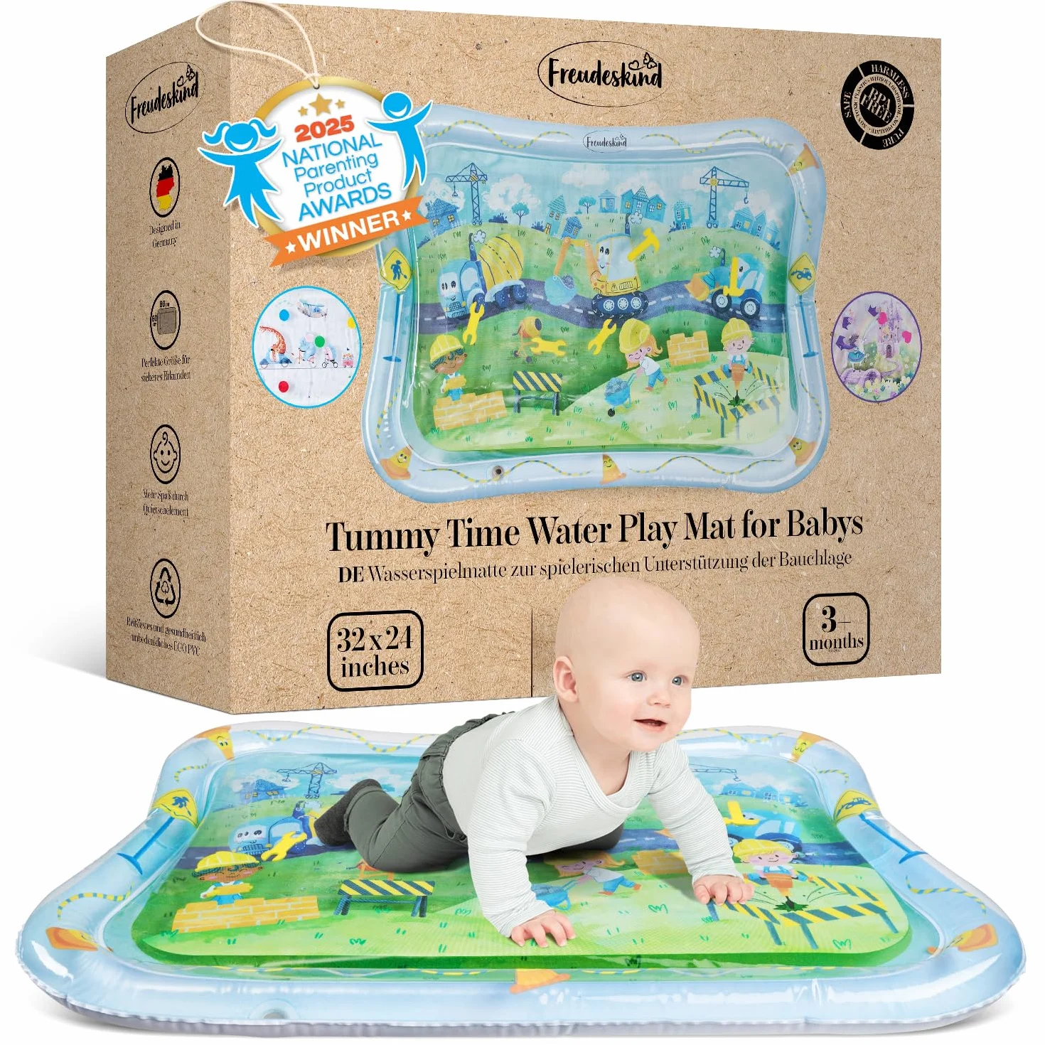 TummyTime mata wodna XXL od Freudeskind, mata do zabawy dla niemowląt, 100% ftalanów i BPA od 0, 3, 6, lub 9 do 24 miesięcy, sensoryczna mata do zabawy Montessori, zabawka dla niemowląt, pozycja na
