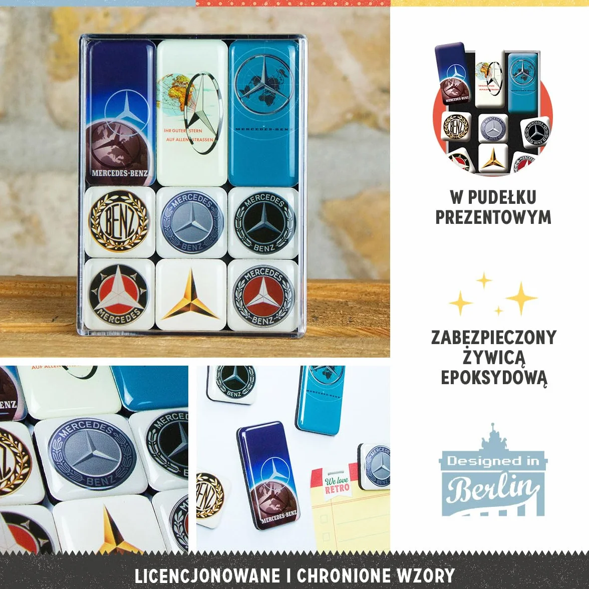 Nostalgic-Art Retro magnesy na lodówkę, 9 sztuk, Mercedes-Benz – Logo Evolution – Pomysł na prezent dla miłośników Mercedesa, Official License Product (OLP), zestaw magnesów, Styl vintage