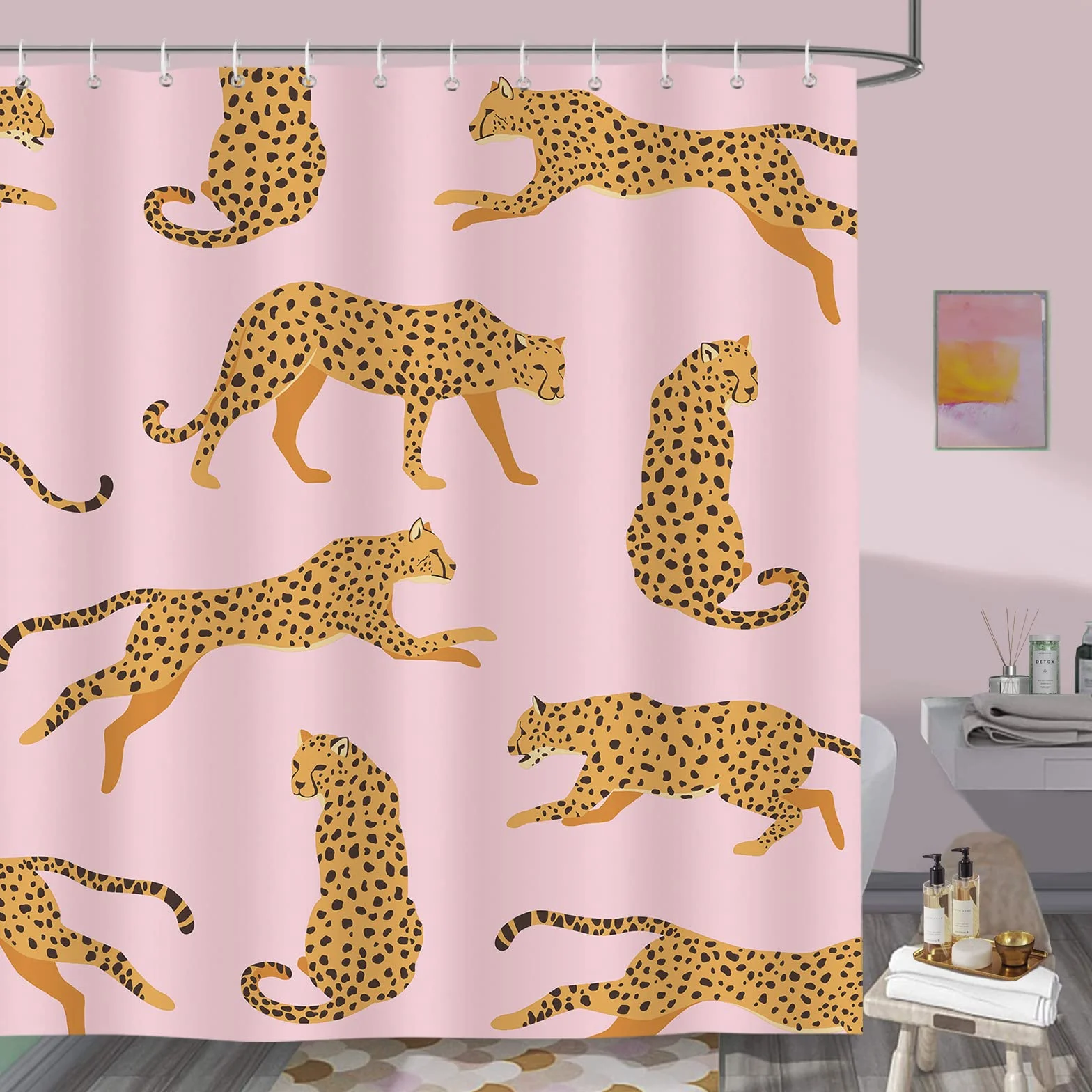 Bonhause Różowa zasłona prysznicowa w panterkę Tropikalne Zwierzę Gepard Modna zasłona łazienkowa 180 x 200 cm Wodoodporna Odporna na pleśń i grzyb Tkanina poliestrowa z 12 haczykami