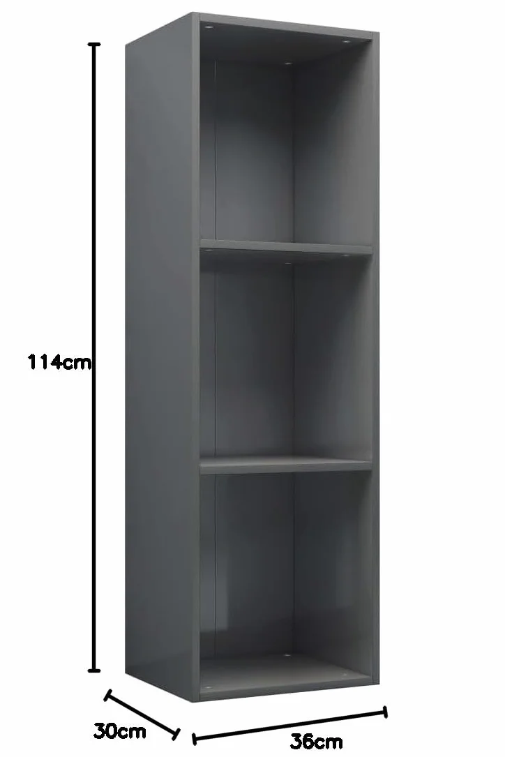 Regał na książki, szafka pod telewizor, wysoki połysk, szary, 36 x 30 x 114 cm, materiał drewnopochodny, 3 przegródki, uniwersalny organizer Cube do salonu, biura i sypialni