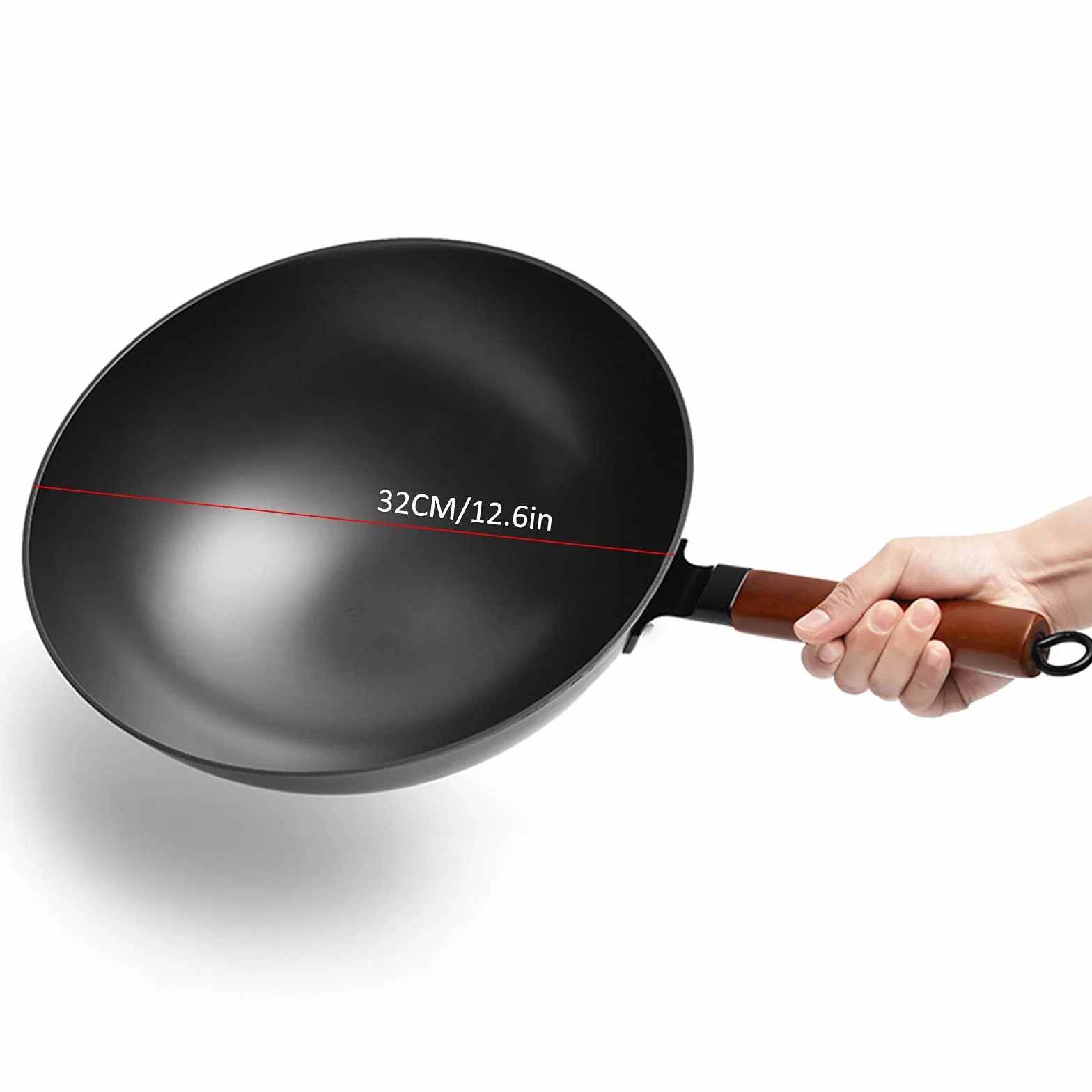 126-calowa patelnia Wok - odporna na zarysowania chińska patelnia żeliwna z nieprzywierającą powłoką i zdejmowanym drewnianym uchwytem Naczynia kuchenne Wok,