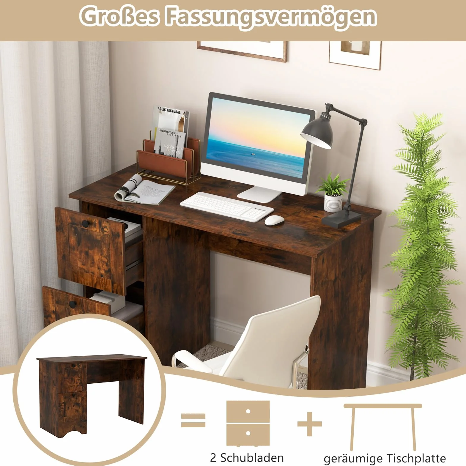 COSTWAY Biurko z 2 szufladami, małe biurko komputerowe, biurko dziecięce, nowoczesny stół biurowy, stół komputerowy do sypialni, gabinetu, biura, białe, 109 x 50 x 75 cm (rustykalny brąz)