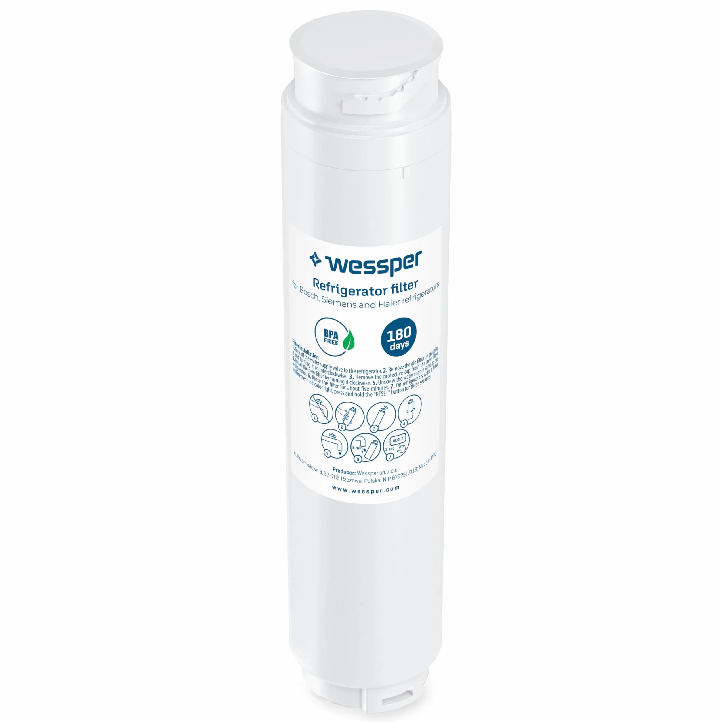 Wessper Zamiennik Wlład Filtra Wody do Lodówki 2 Sztuki Bosch ULTRACLARITY, 644845, Siemens 740560, Z4500W0 | Akcesoria do Lodówki, System Odwróconej Osmozy, Usuwa z Wody Chlor- Biały