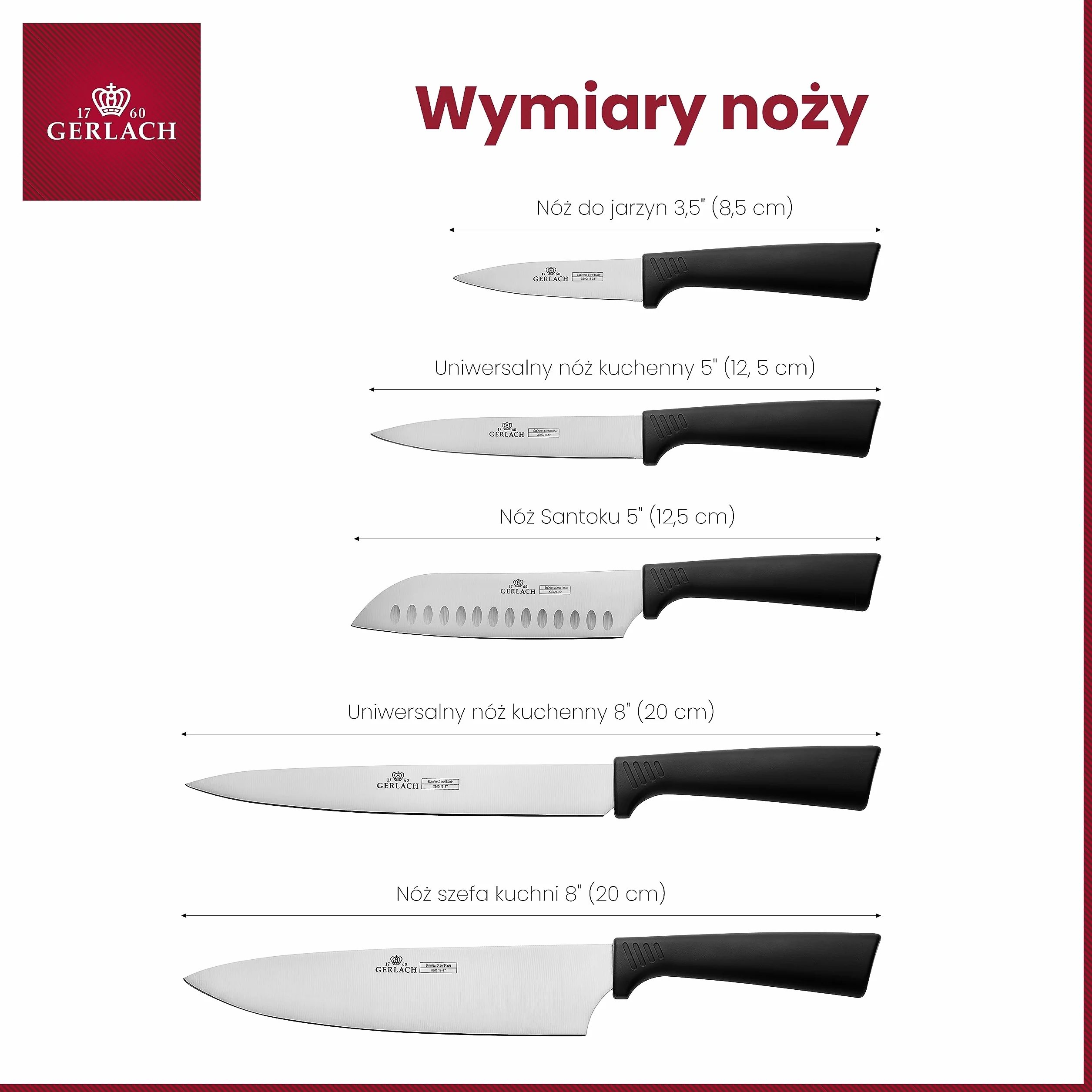 Gerlach Smart Black Zestaw Noży w Bloku, Czarny, 5 Sztuk