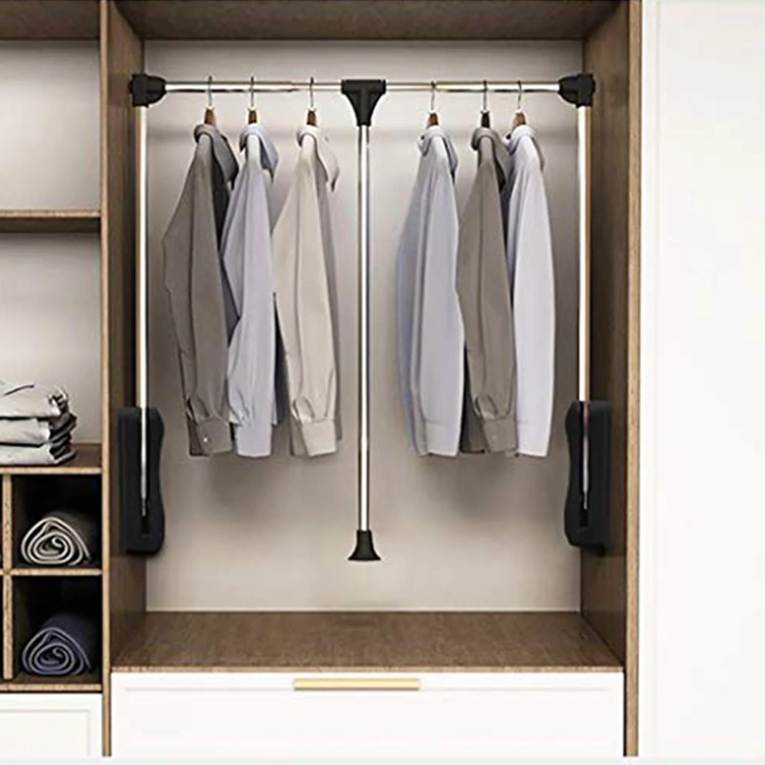 Generisch Regulowany, wysuwany drążek na ubrania z pneumatycznym buforem, wytrzymały wieszak na ubrania, oszczędność miejsca, łatwy montaż, idealny do organizacji szaf na ubrania