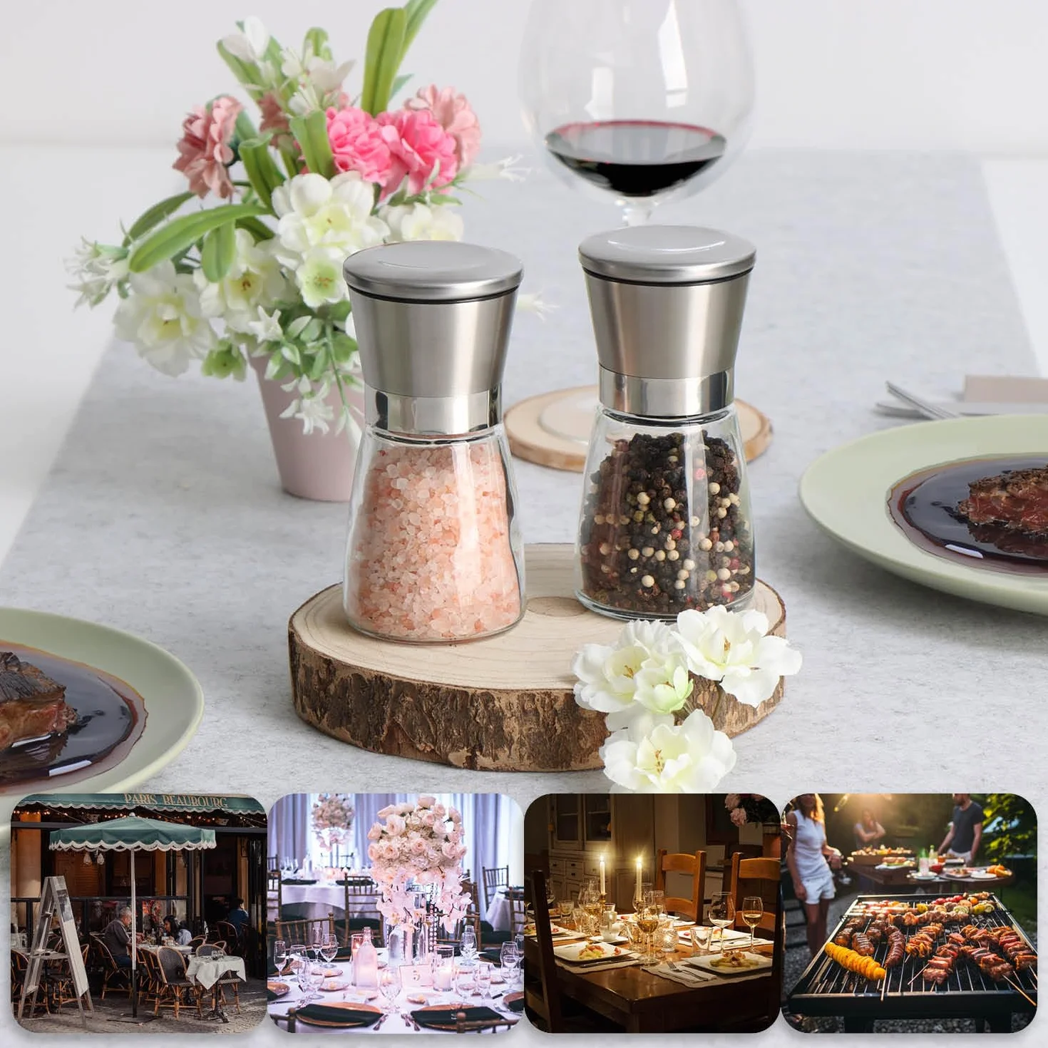 COM-FOUR® 2-czesciowy zestaw mlynków do soli i pieprzu ze szkla i stali nierdzewnej z ceramicznym mlynkiem - eleganckie akcesoria kuchenne - nowoczesny mlynek do przypraw (02 sztuki - z pokrywka)