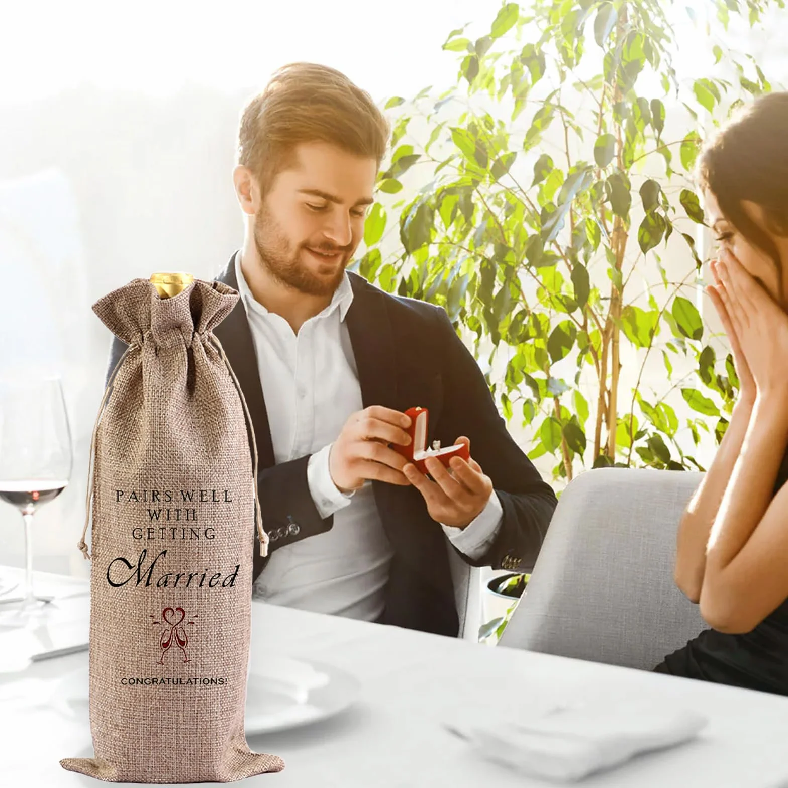 Married torba na butelkę wina, ślub torba na prezent na wino, zaręczyny bawełna len sznurek torba na wino dla pary, Płótno, Jeden rozmiar, Lekki