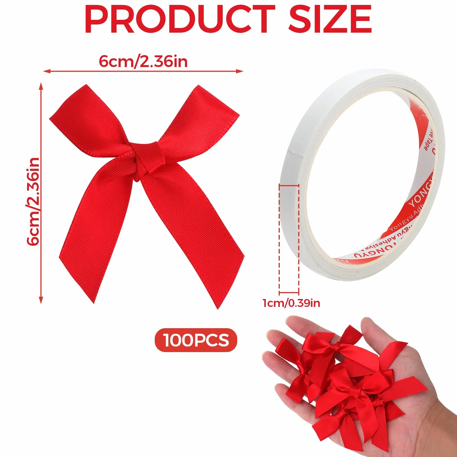 100 sztuk czerwonych kokardek 6 cm do pakowania prezentów, samoprzylepna czerwona kokarda do pudełek, kartek i dekoracji DIY, idealne jako dekoracja świąteczna i kokardki bożonarodzeniowe na