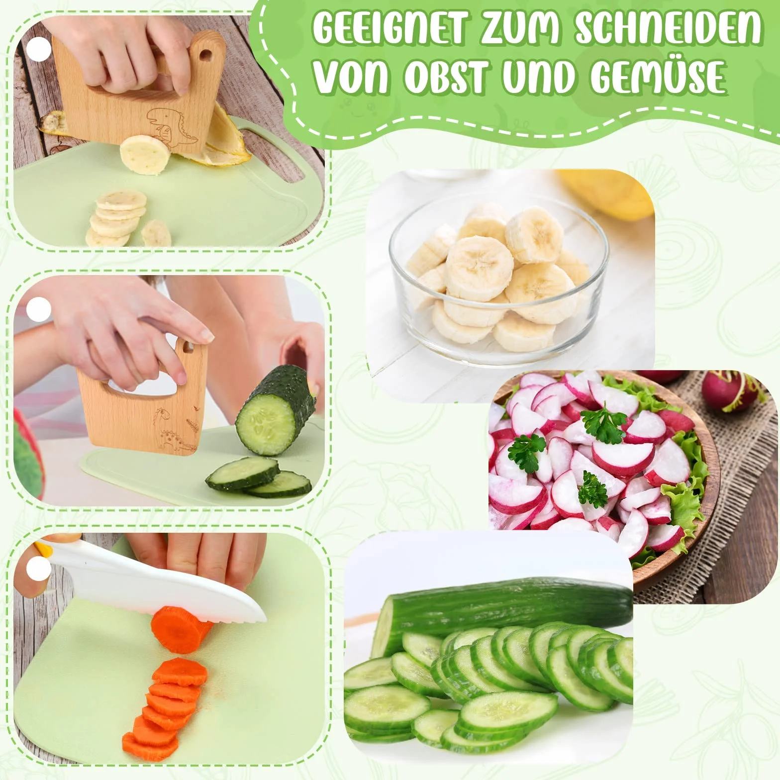 GOODCHEF 10-częściowy zestaw noży kuchennych dla dzieci do krojenia i gotowania owoców i warzyw dla maluchów, w tym drewniany nóż i deska do krojenia dla dzieci powyżej 2 lat (Leaf Dinosaur)