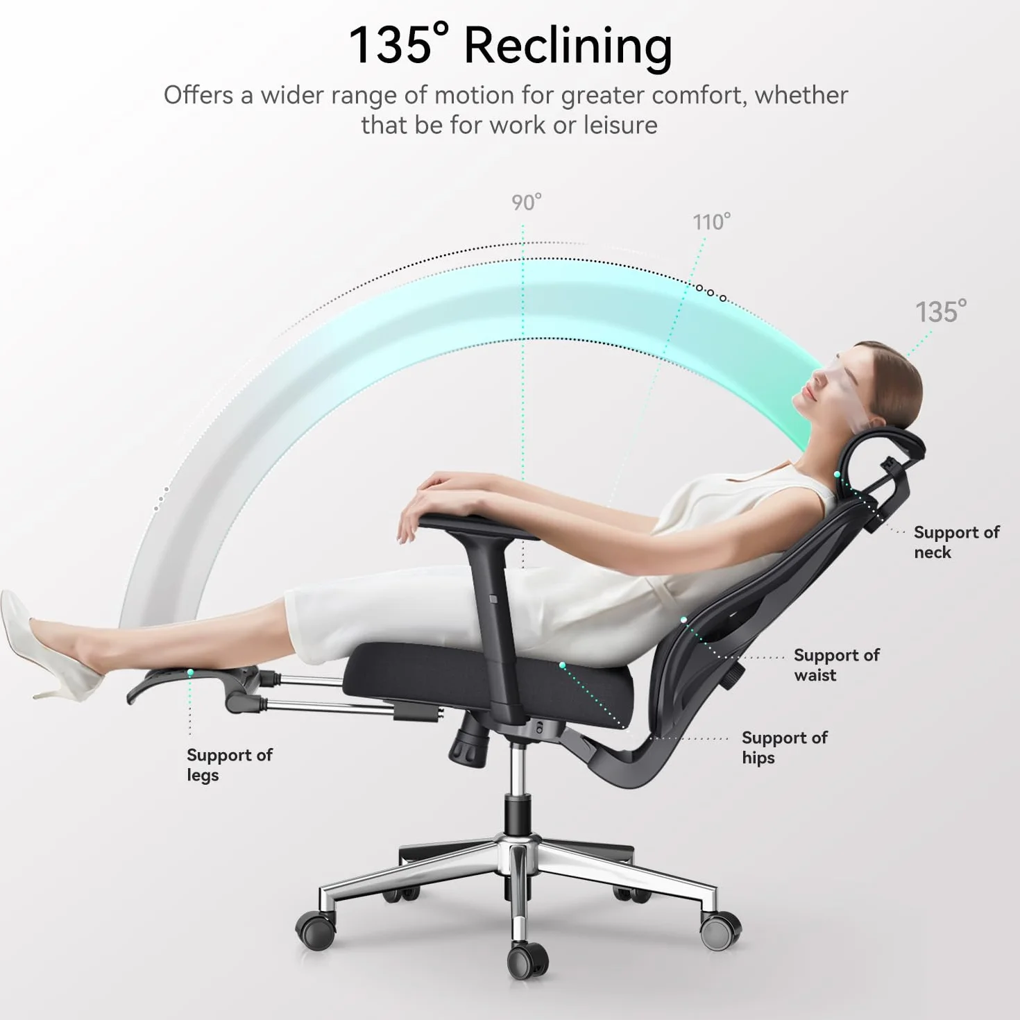 Hbada P5 Ergonomiczny Fotel Biurowy z Regulowanym Wsparciem Lędźwiowym 2D, Zagłówkiem i Podłokietnikami, Nachylenie 135°, Czarny z Podnóżkiem