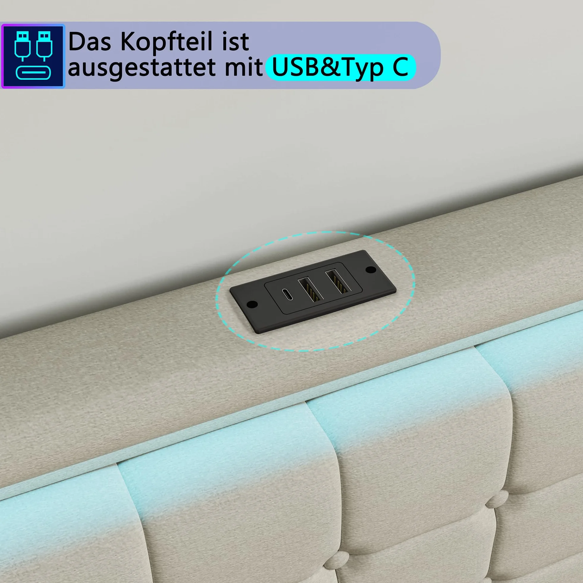 BRILVERDE Łóżko tapicerowane, podwójne 140 x 190 cm z miejscem do przechowywania, łóżko z 4 szufladami, zagłówek LED, z funkcją ładowania USB, lniane (beżowe, 140 x 190 cm)
