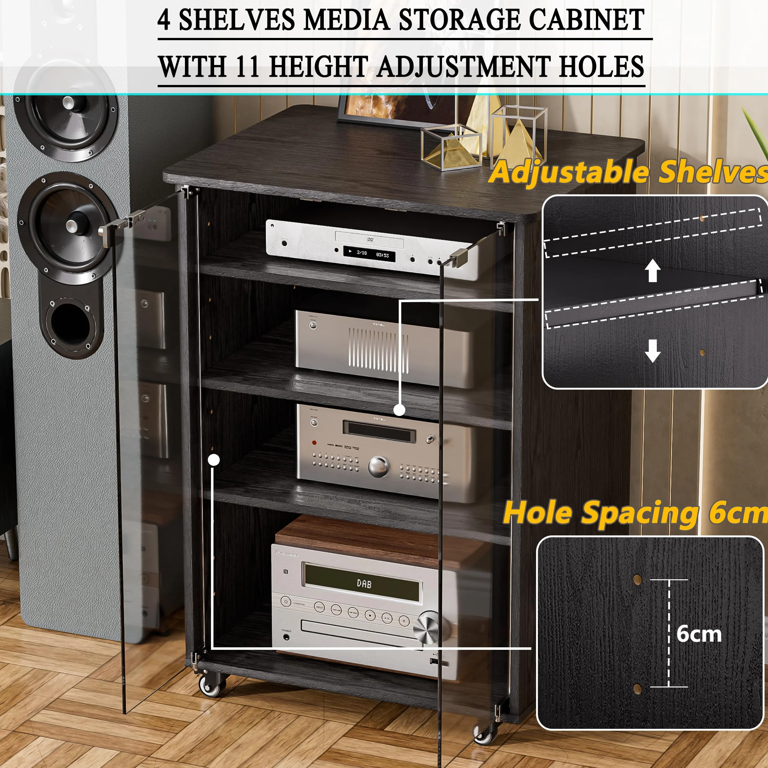 5-poziomowa szafka łańcuchowa HiFi z regulacją wysokości, nowoczesna wizualna szafka audio, mobilny uchwyt multimedialny AV, ze szklanymi drzwiami i kółkiem hamulcowym, do obudów DVD, kable do gier