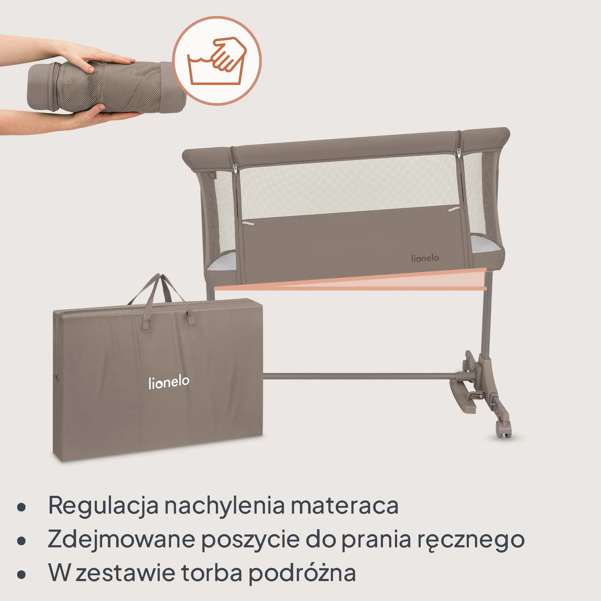 lionelo PARI łóżeczko nocne, łóżeczko dziecięce, 3 w 1, regulowane łóżeczko nocne, 6 poziomów, kołysanie, pochylany materac, siatka, zamykane kółka, torba podróżna