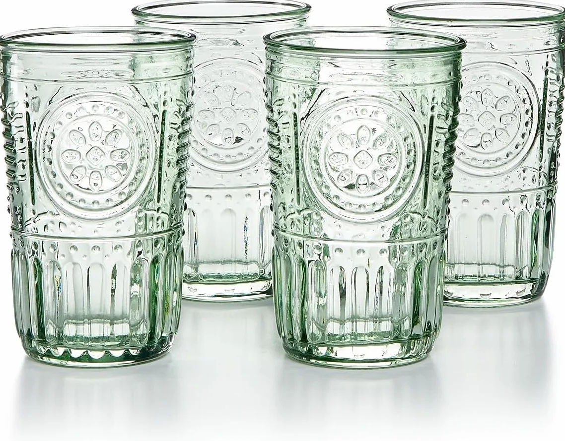 Bormioli Rocco Romantyczny zestaw 4 szklanek chłodzących, 473 ml kolorowe szkło kryształowe, pastelowa zieleń, wyprodukowano we Włoszech.