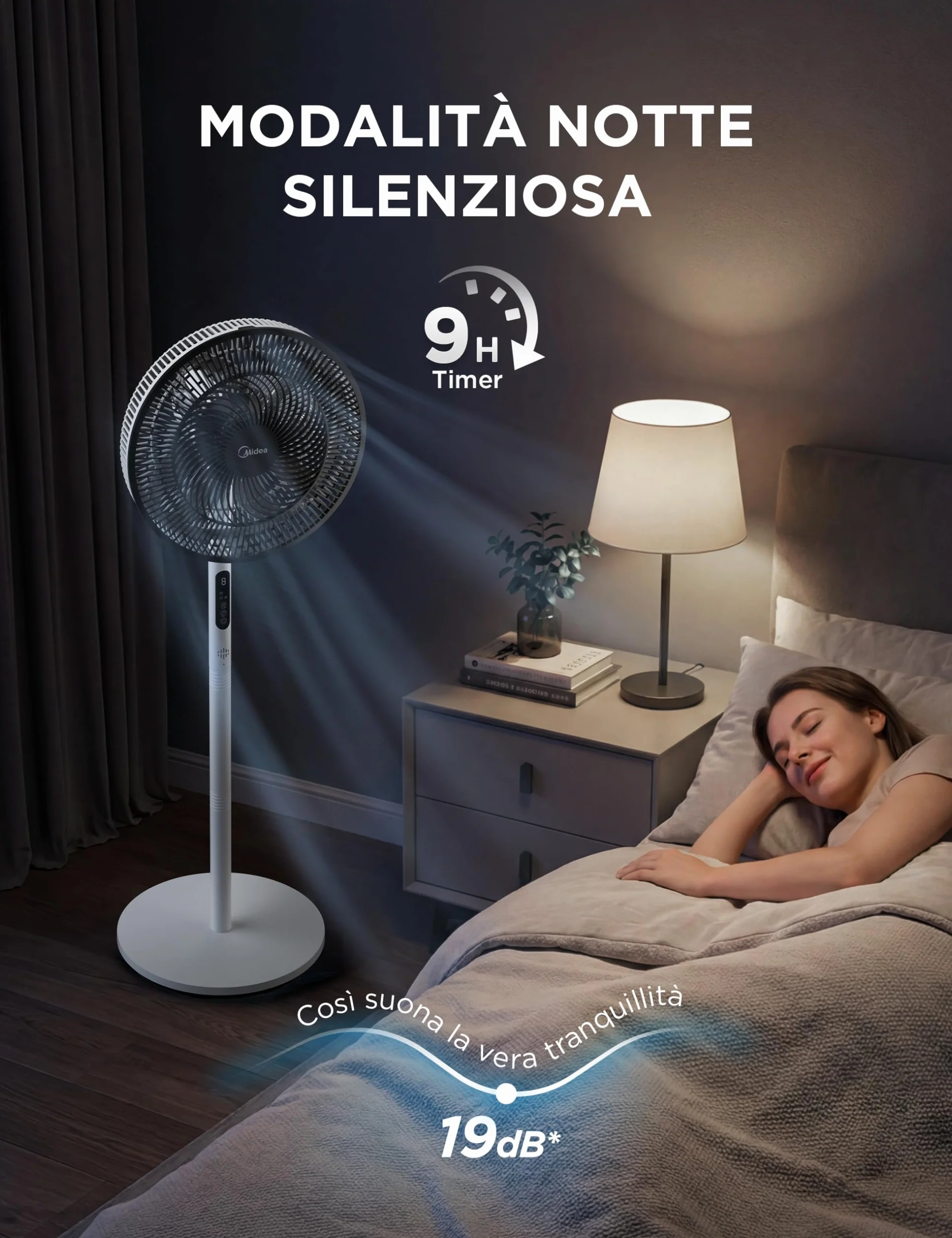 Midea FS35-26XRDSE(BW) Silnik prądu stałego, 8 łopatek, 9 poziomów prędkości, oscylacja 85°, 9-godzinny timer, regulacja wysokości