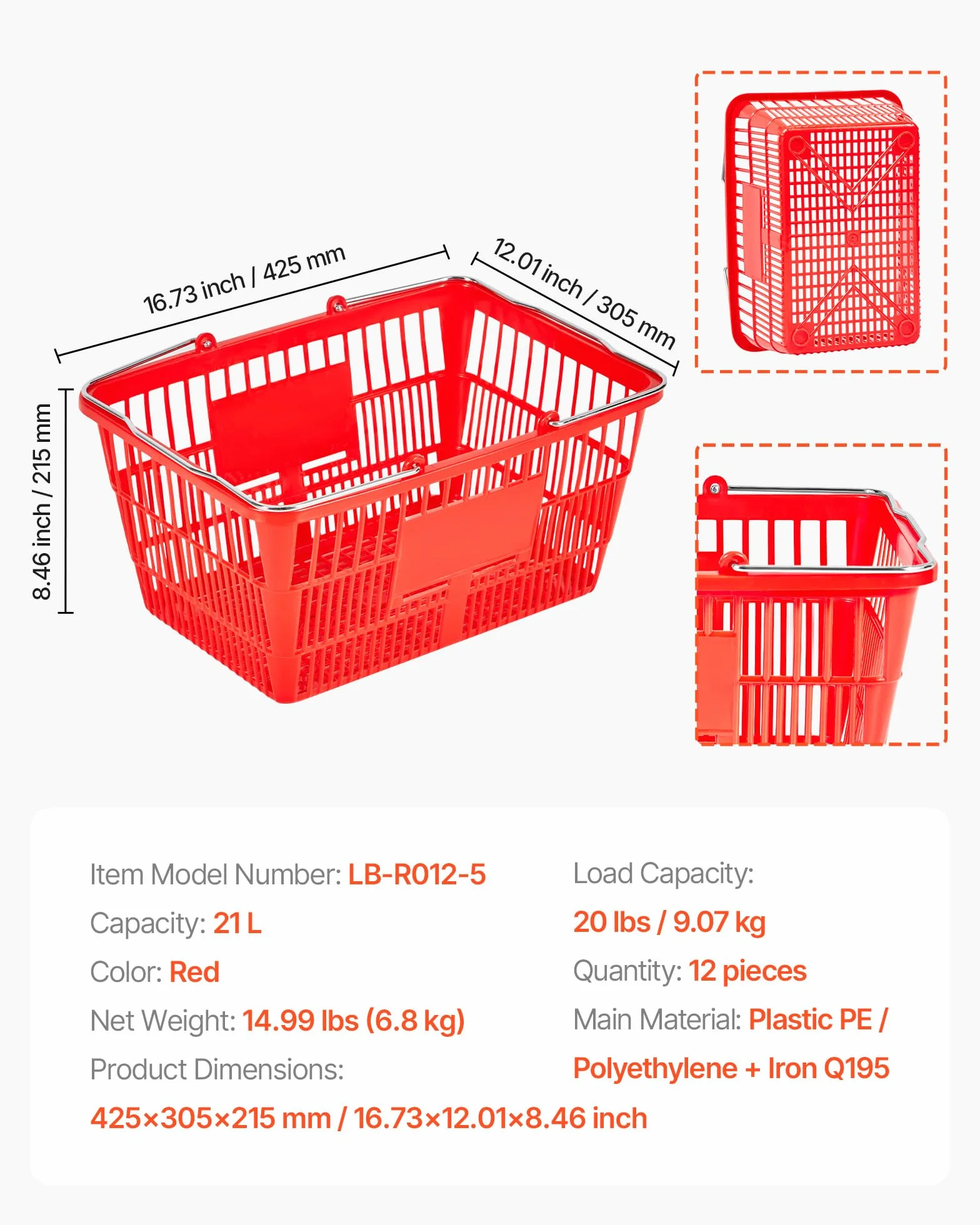 VEVOR Kosze na zakupy, 12 szt., 21 l, plastikowe kosze spożywcze PE z metalowymi uchwytami, gęsta struktura siatki, nośność do 9 kg, przenośne, do artykułów spożywczych, sklepów, supermarketów, użytku