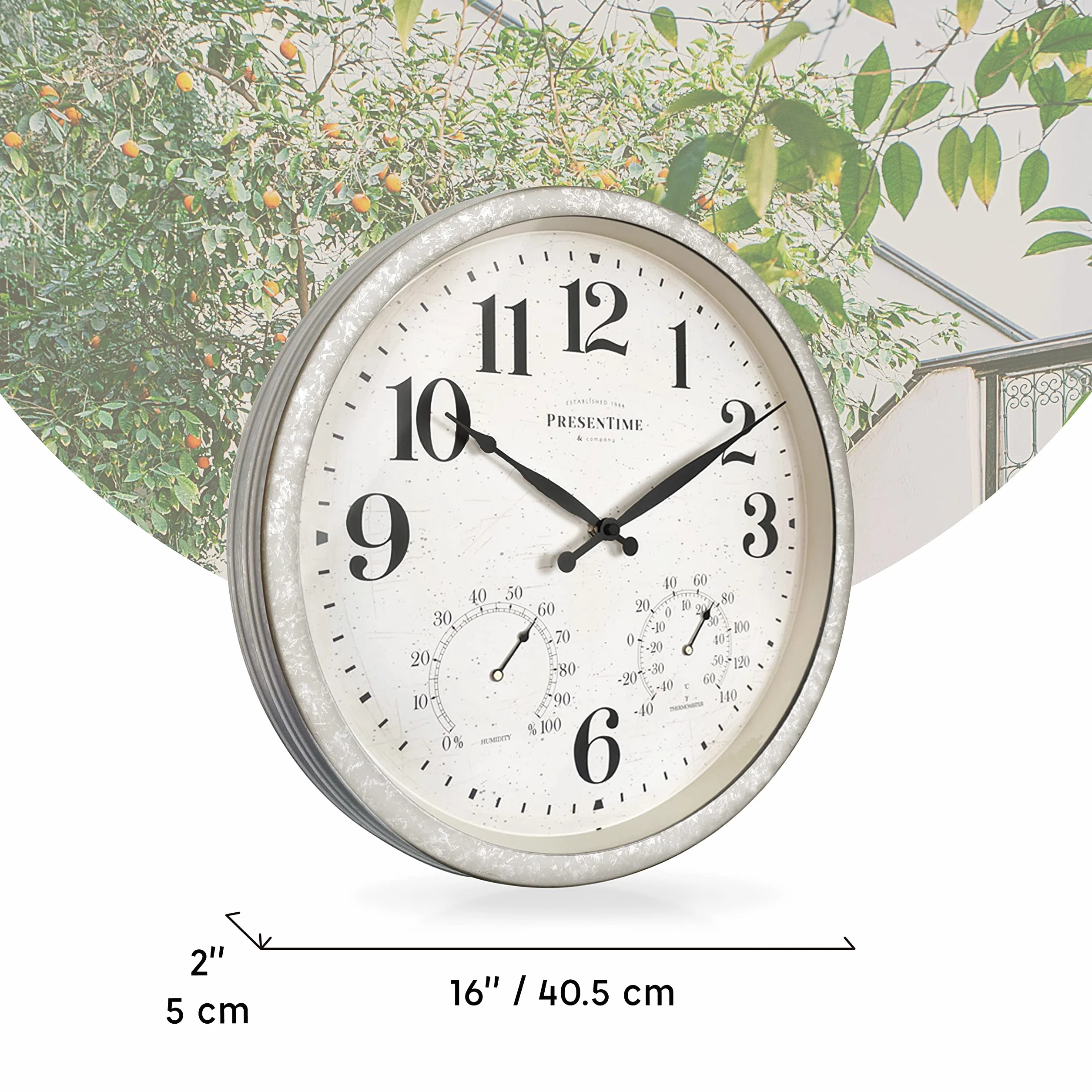 Presentime & Co 40 cm zegar wiejski / zewnętrzny z termometrem i higrometrem jako stacja pogodowa wszystko w jednym, ocynkowana dekoracja, sztuka ścienna i zegarek do dekoracji domu wiejskiego, lekkie