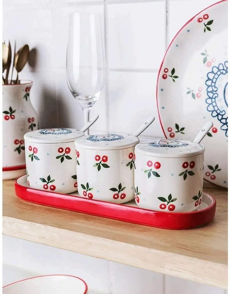 Ceramiczne doniczki na przyprawy, ceramiczne miski na cukrowe, pojemniki na przyprawy z pokrywkami, tace i łyżeczka ceramiczna do kuchni, kawiarni i domu, zestawy 3 szt