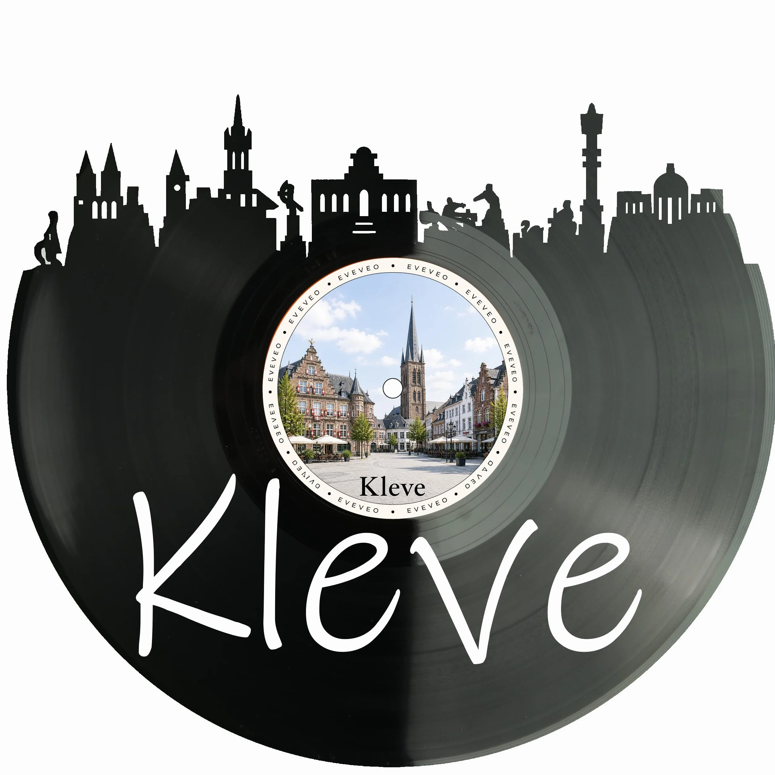 EVEVO Dekoracja ścienna z płyty gramofonowej Kleve – winylowa sztuka ścienna Niederrhein Skyline, prezent dla fanów Kleve, Schwanenburg Heimat-Labienburg D0028